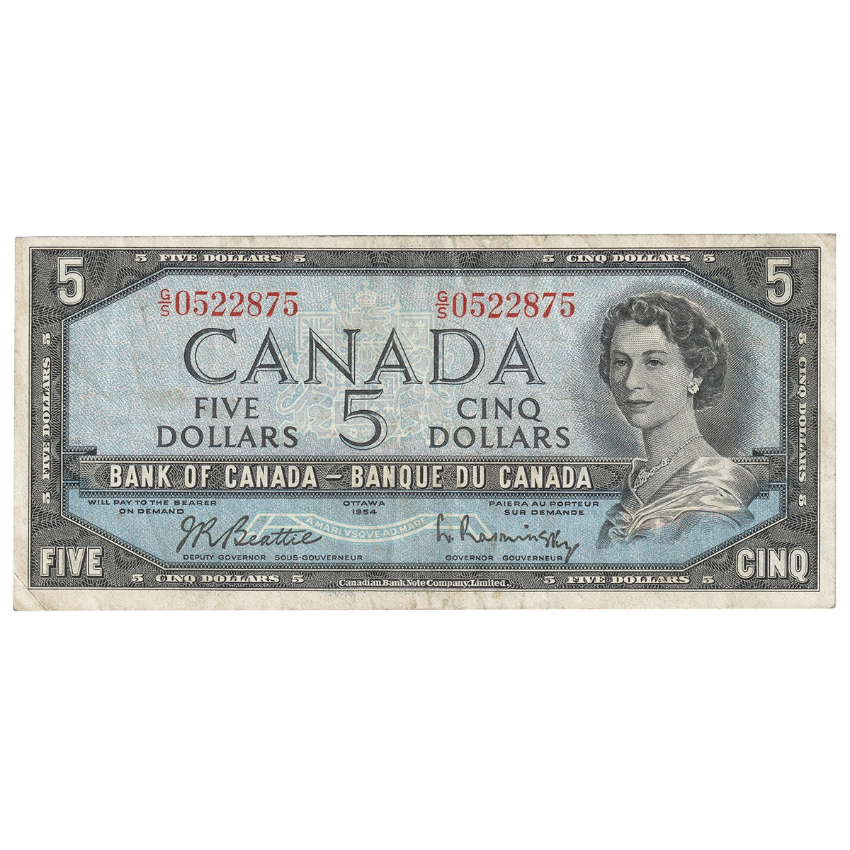 BC-39b 1954 Canada $5 Beattie-Rasminsky, G/S, VF