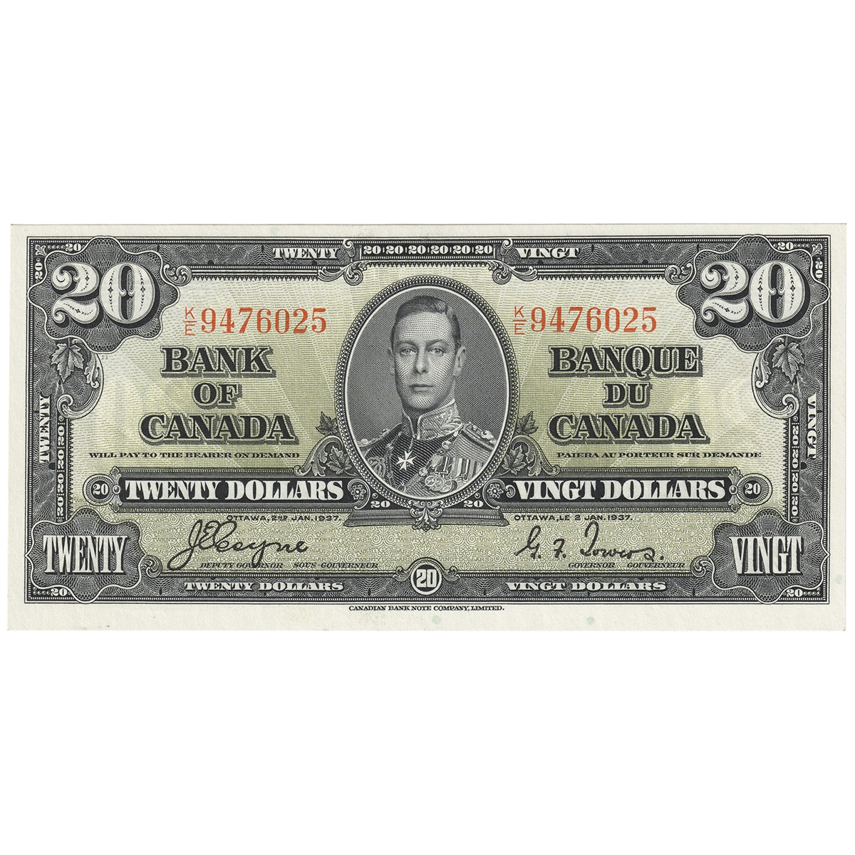 BC-25c 1937 Canada $20 Coyne-Towers, K/E, AU