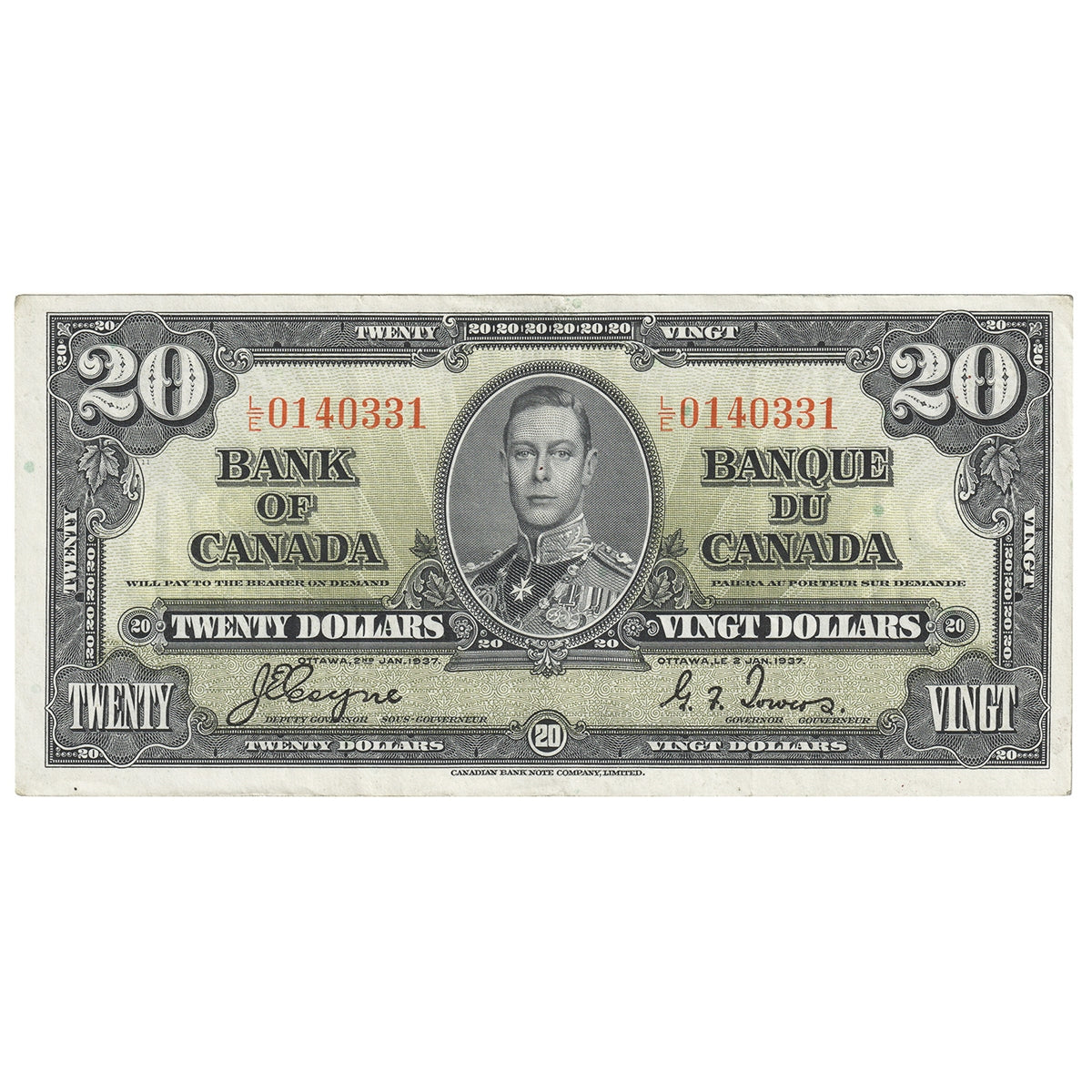 BC-25c 1937 Canada $20 Coyne-Towers, L/E, VF-EF