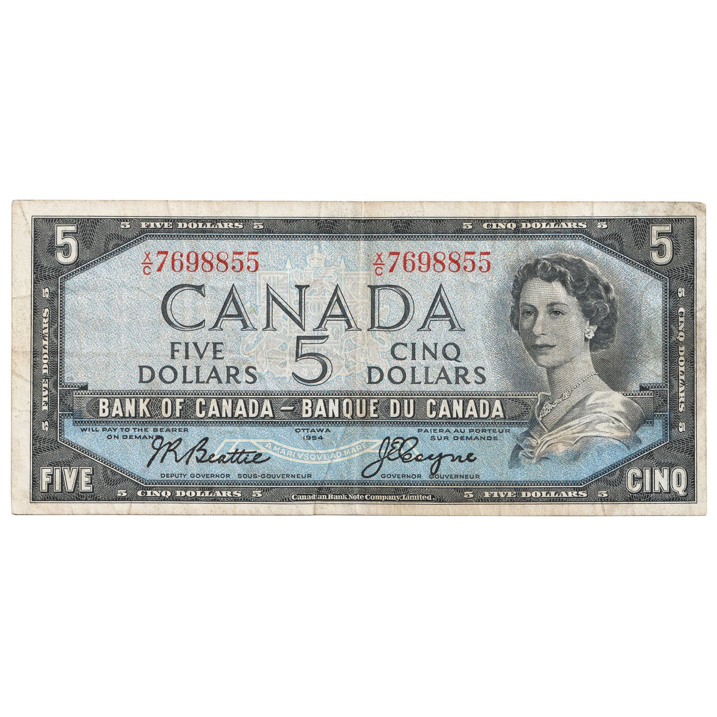 BC-39a-i 1954 Canada $5 Beattie-Coyne, X/C, VF