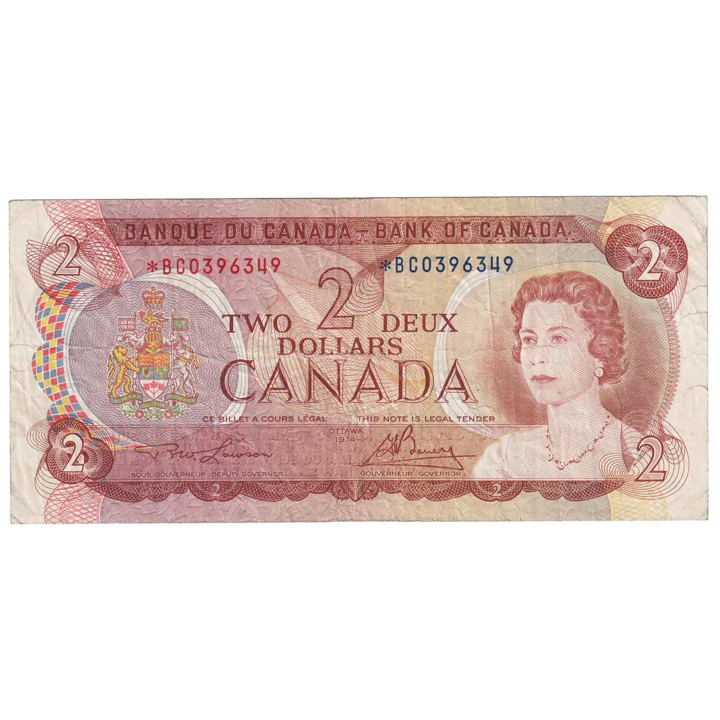 BC-47aA 1974 Canada $2 Lawson-Bouey, *BC Below 0.5M, Circulated