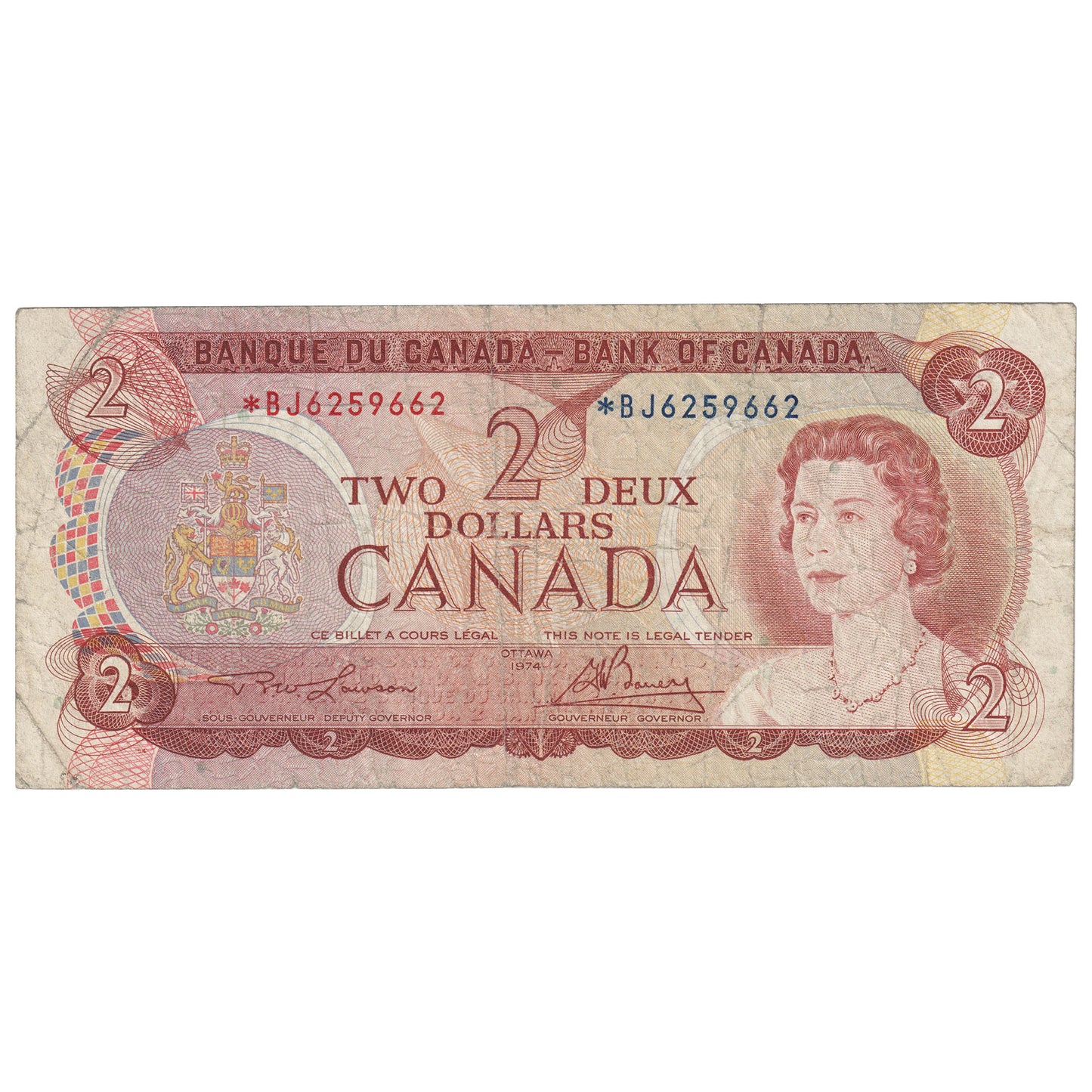 BC-47aA 1974 Canada $2 Lawson-Bouey, *BJ, Circulated