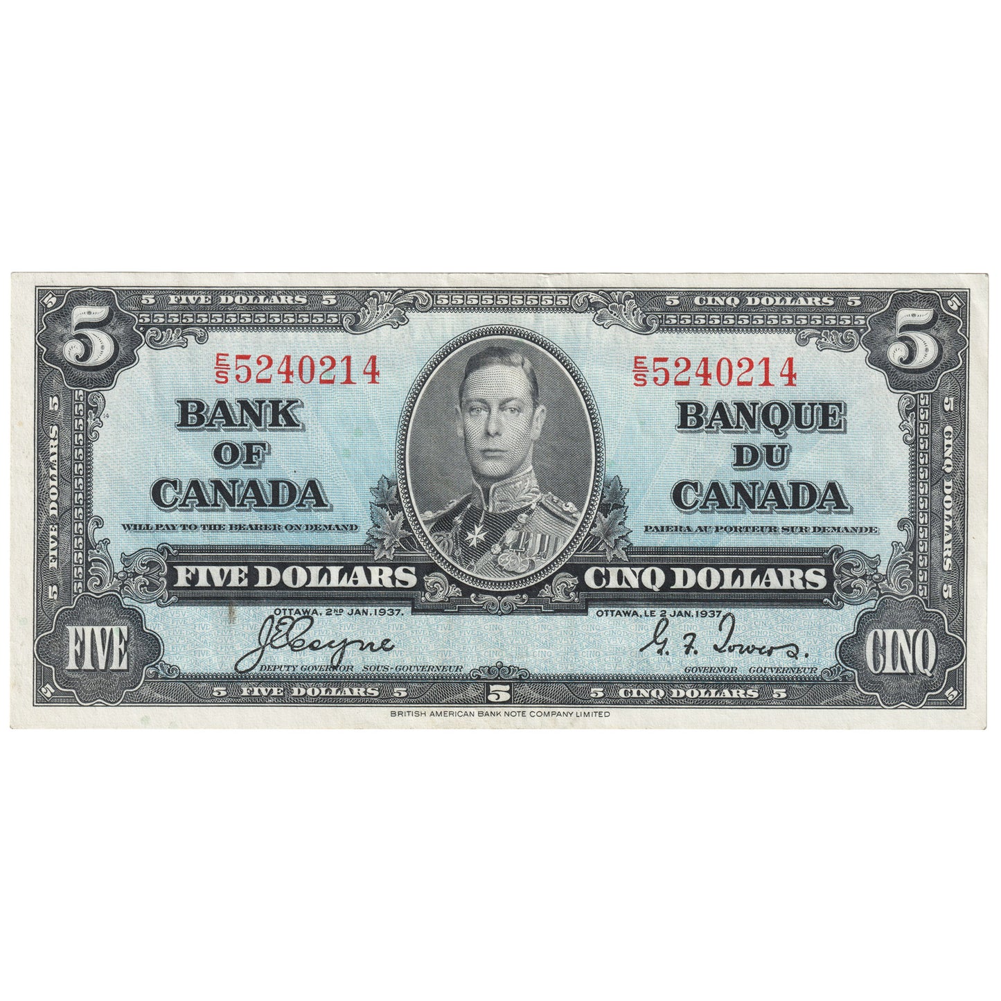 BC-23c 1937 Canada $5 Coyne-Towers, E/S, EF-AU