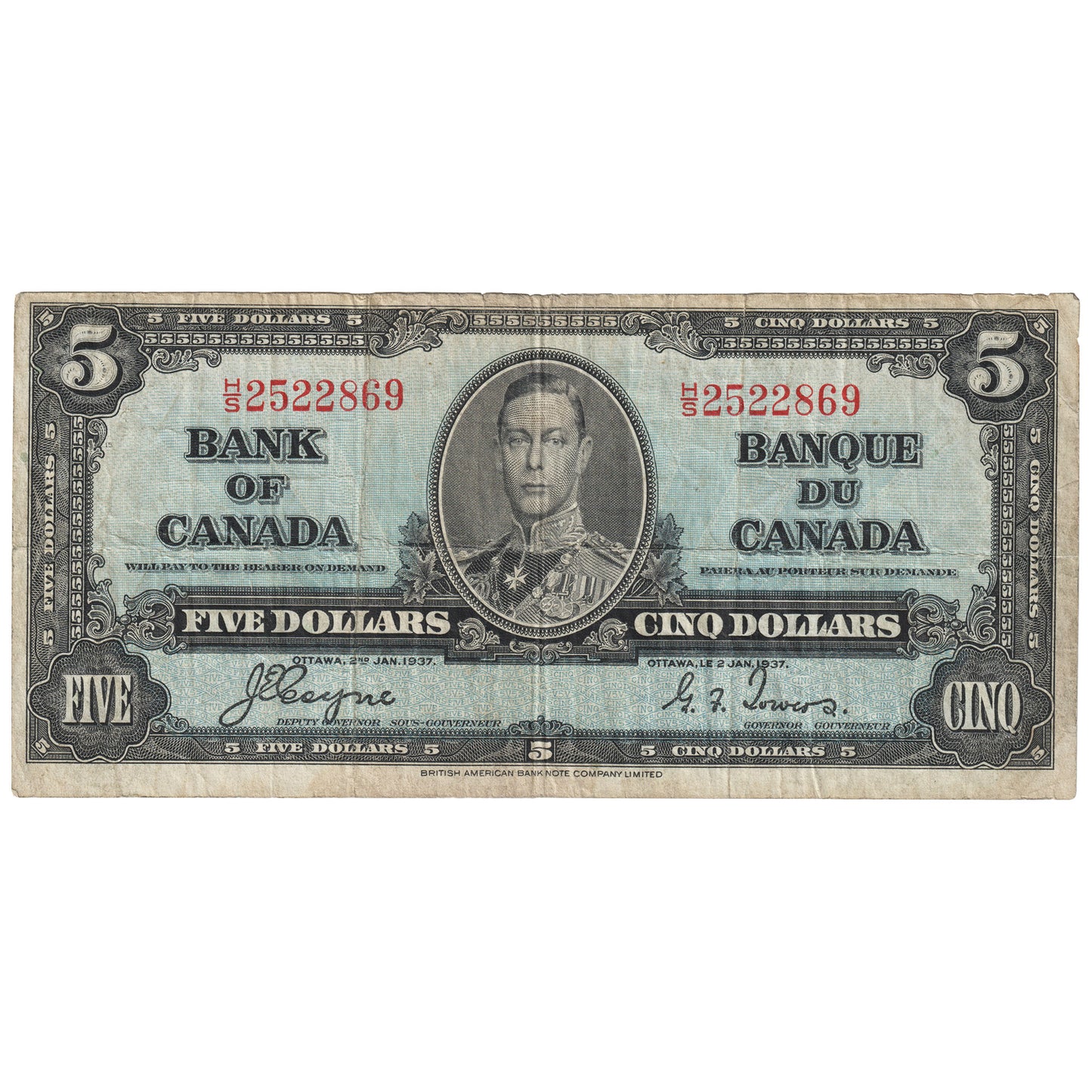 BC-23c 1937 Canada $5 Coyne-Towers, H/S, F
