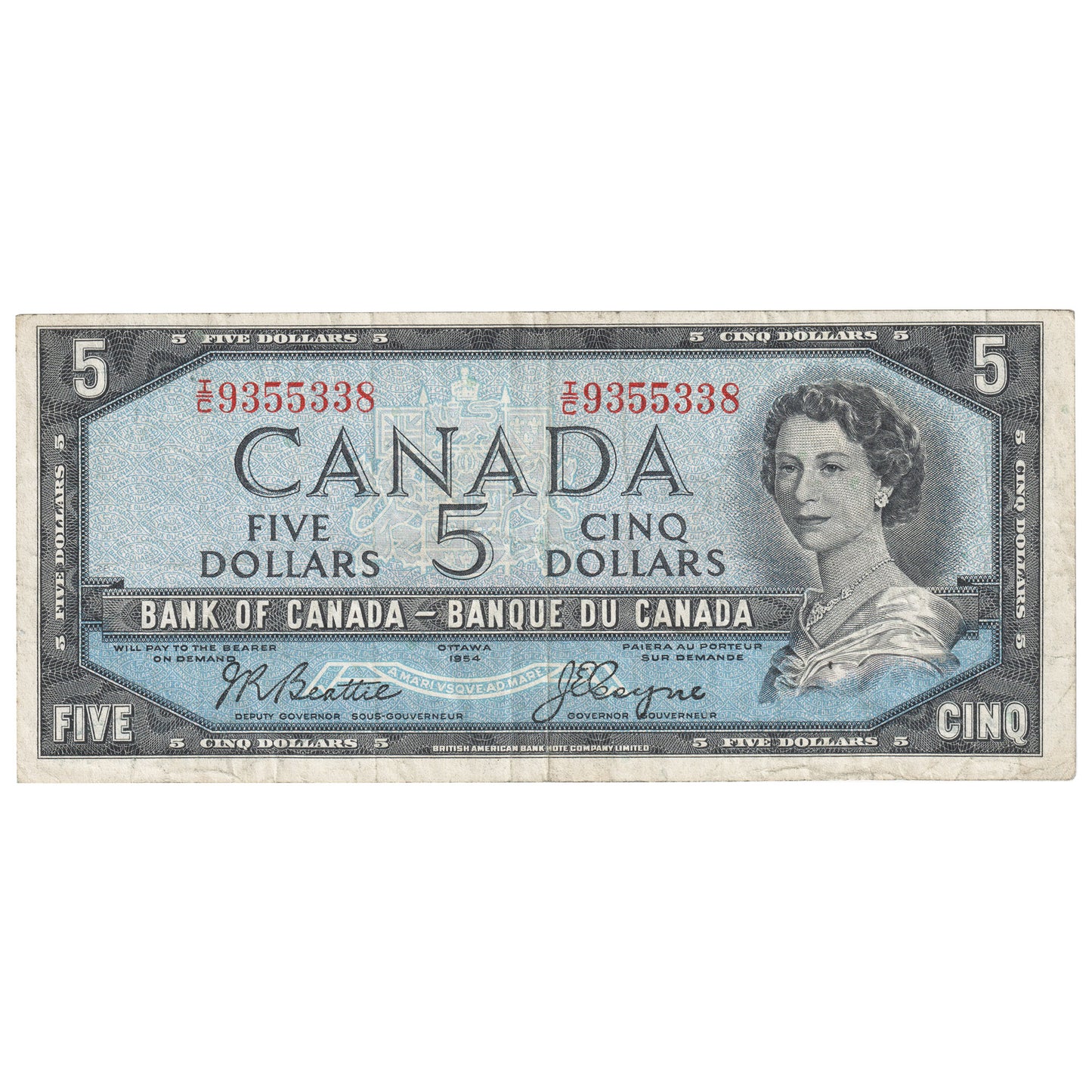 BC-39a 1954 Canada $5 Beattie-Coyne, I/C, VF