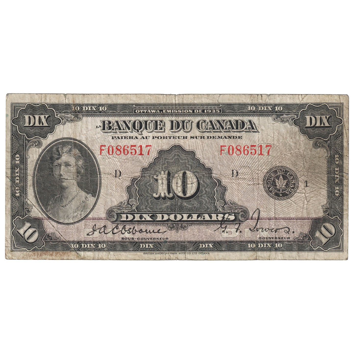 BC-8 1935 Canada $10 Osborne-Towers, French, VG-F