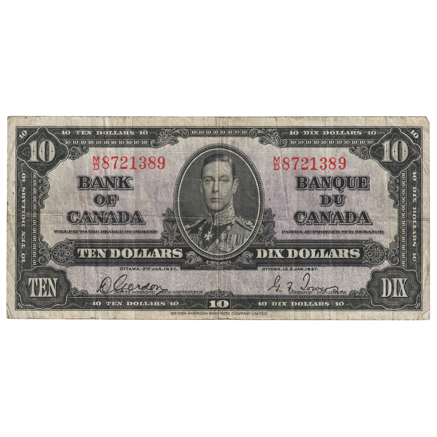 BC-24b 1937 Canada $10 Gordon-Towers, M/D, F