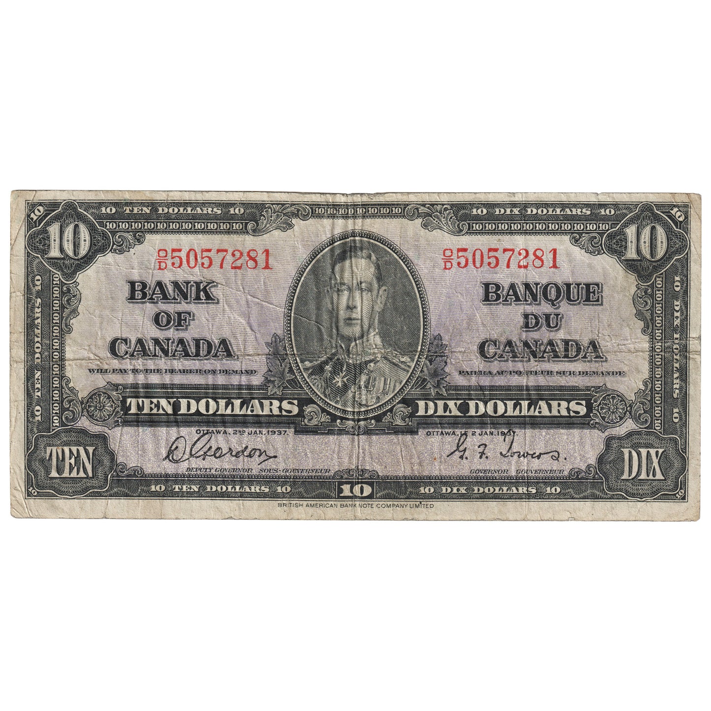 BC-24b 1937 Canada $10 Gordon-Towers, O/D, VG-F