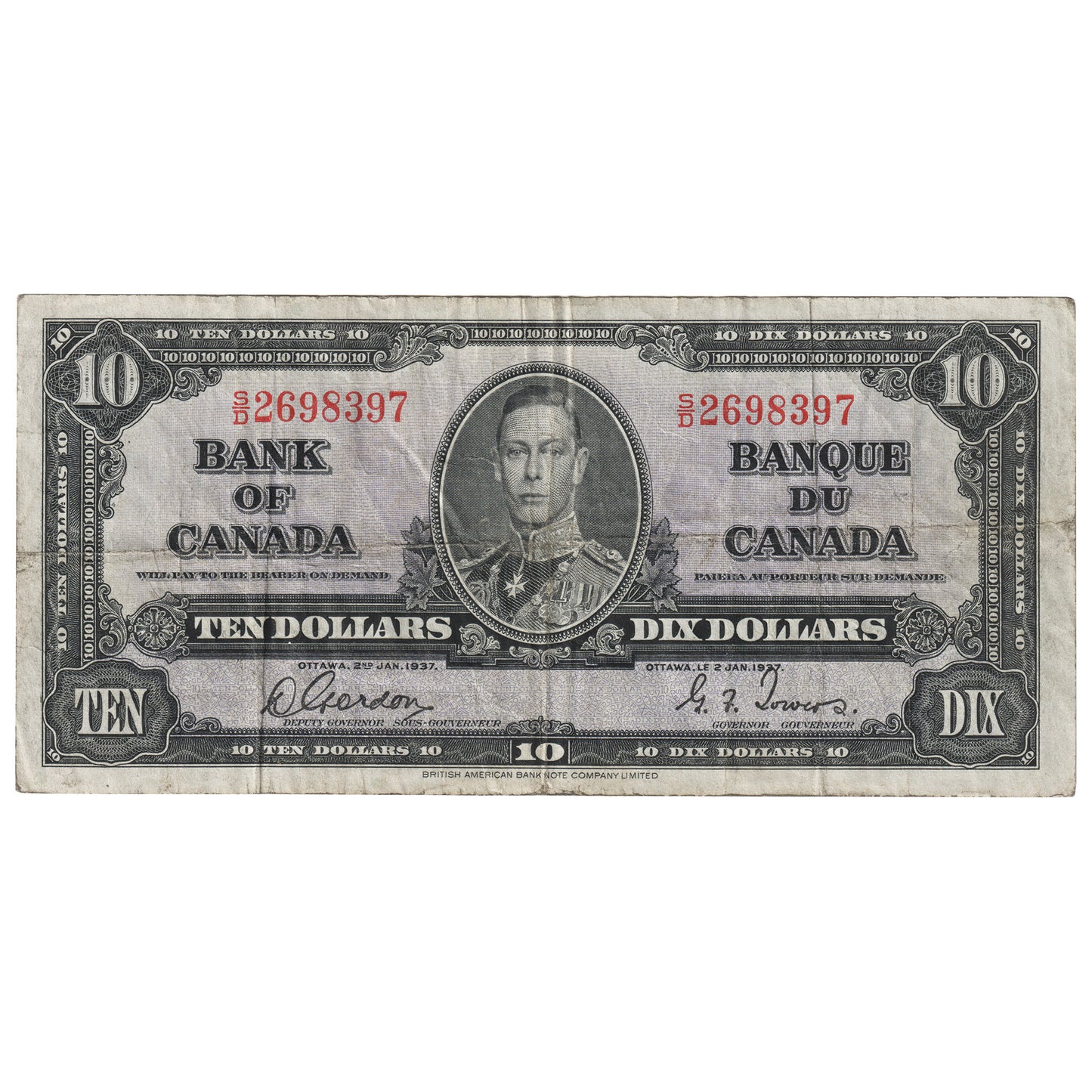 BC-24b 1937 Canada $10 Gordon-Towers, S/D, F-VF