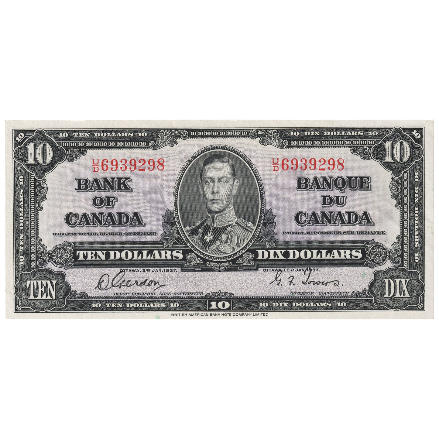 BC-24b 1937 Canada $10 Gordon-Towers, U/D, AU-UNC