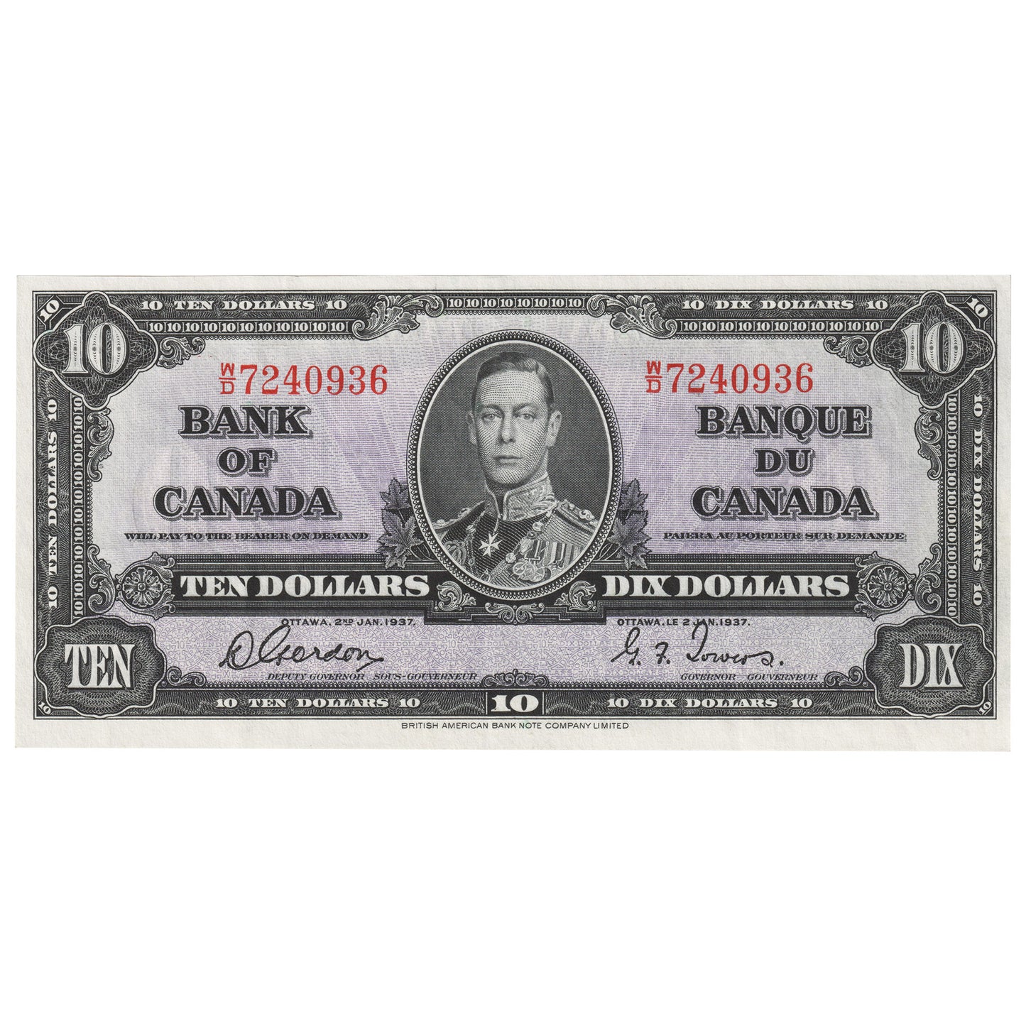 BC-24b 1937 Canada $10 Gordon-Towers, W/D, AU