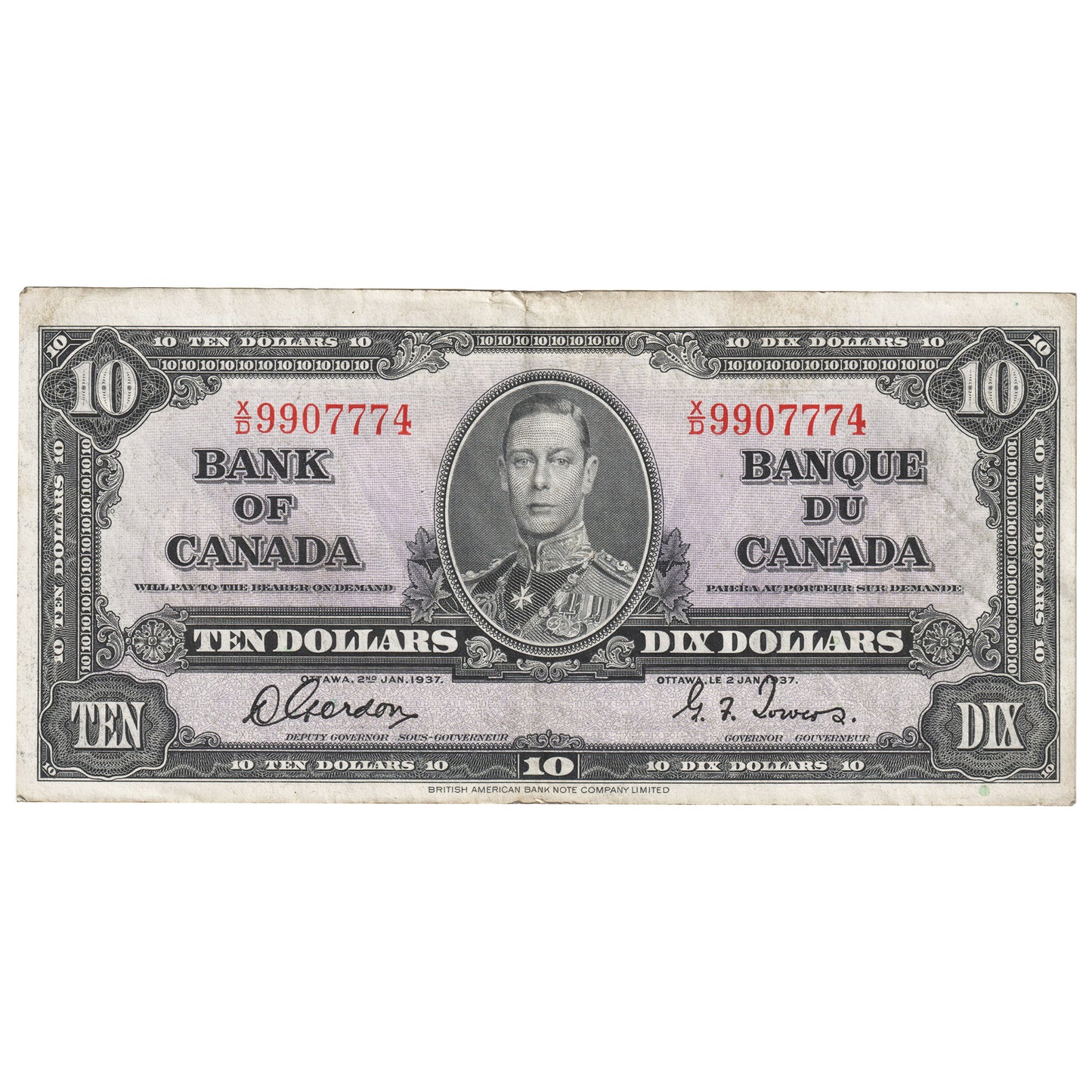 BC-24b 1937 Canada $10 Gordon-Towers, X/D, EF-AU