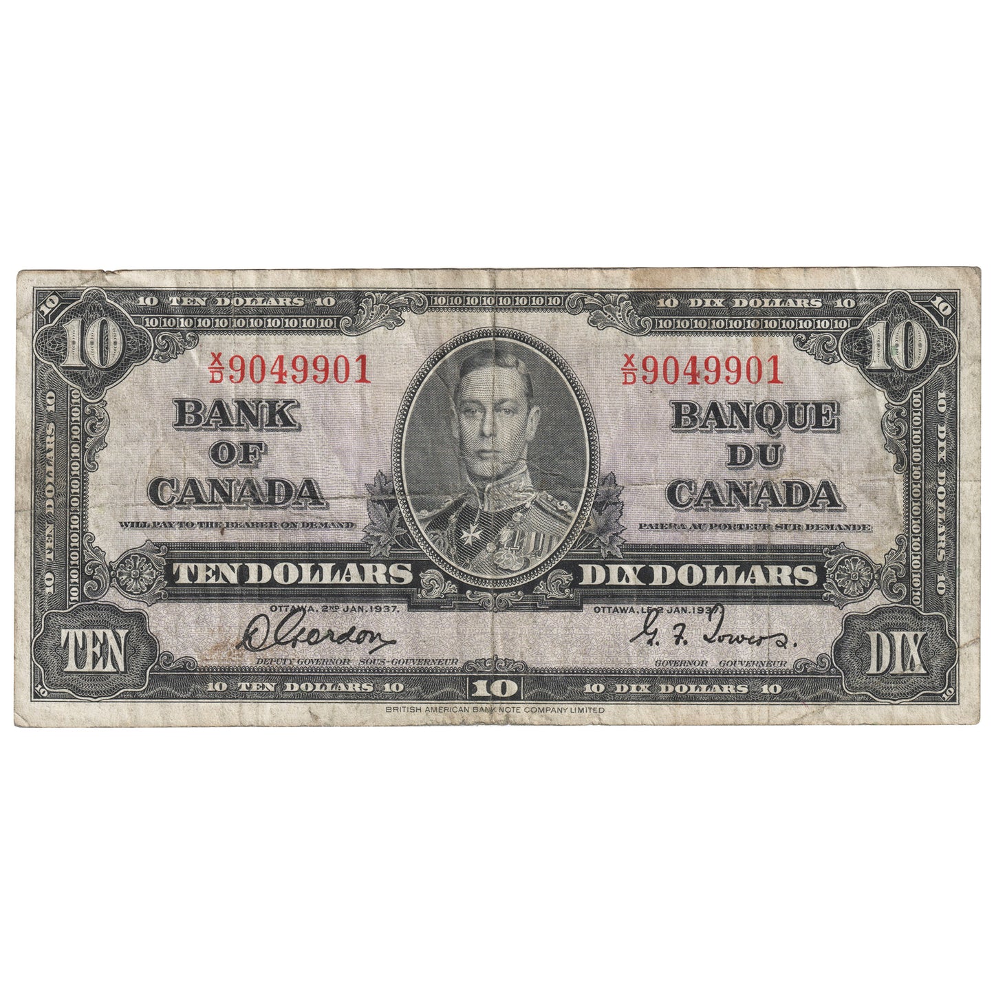 BC-24b 1937 Canada $10 Gordon-Towers, X/D, F-VF