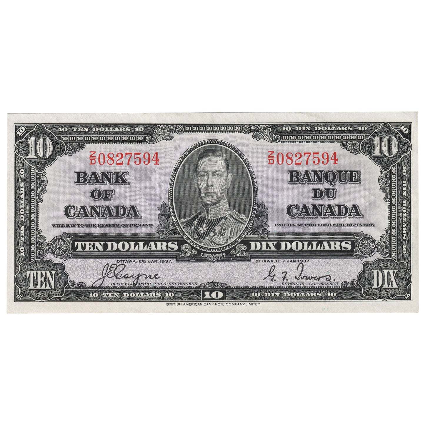BC-24c 1937 Canada $10 Coyne-Towers, Z/D, EF-AU