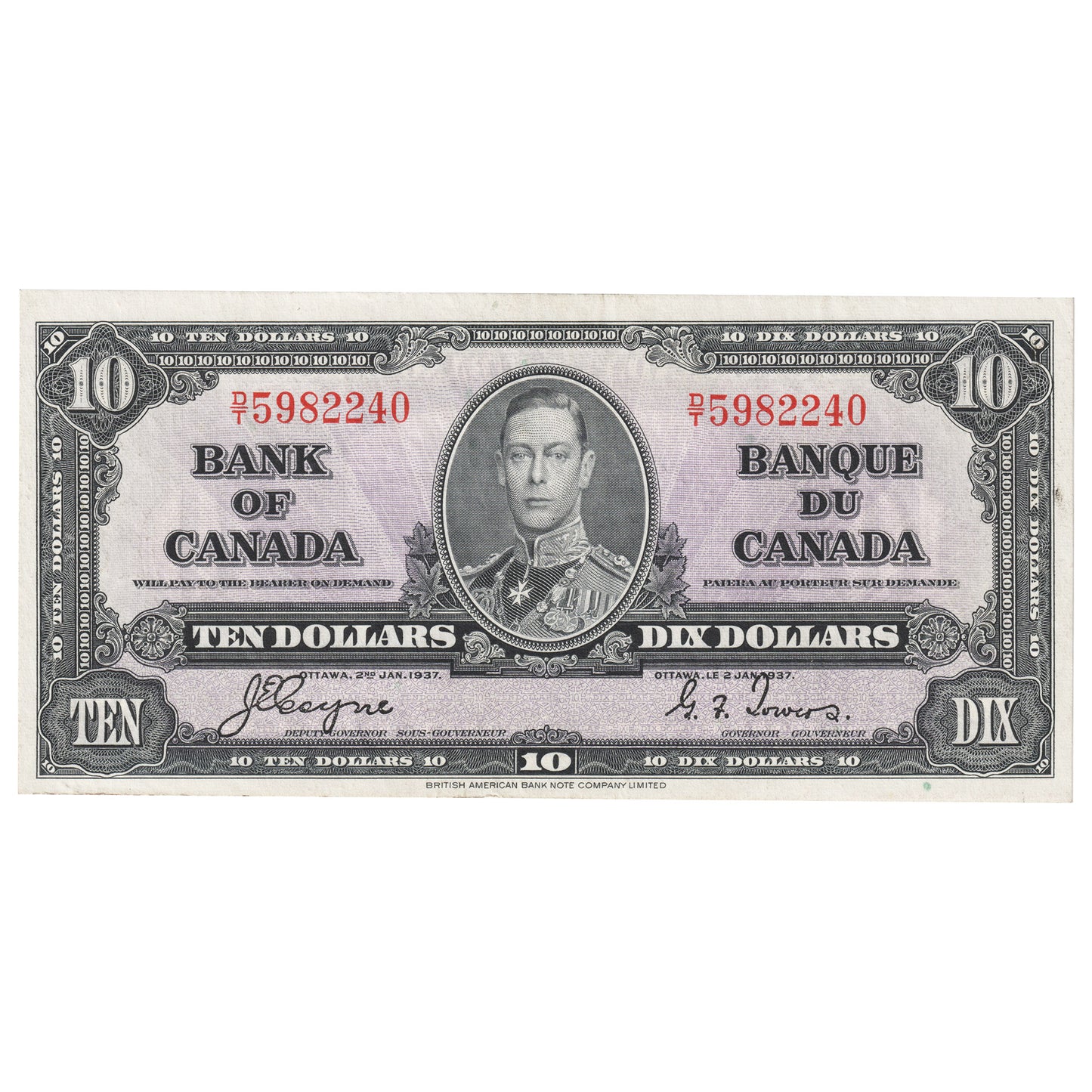 BC-24c 1937 Canada $10 Coyne-Towers, D/T, AU-UNC