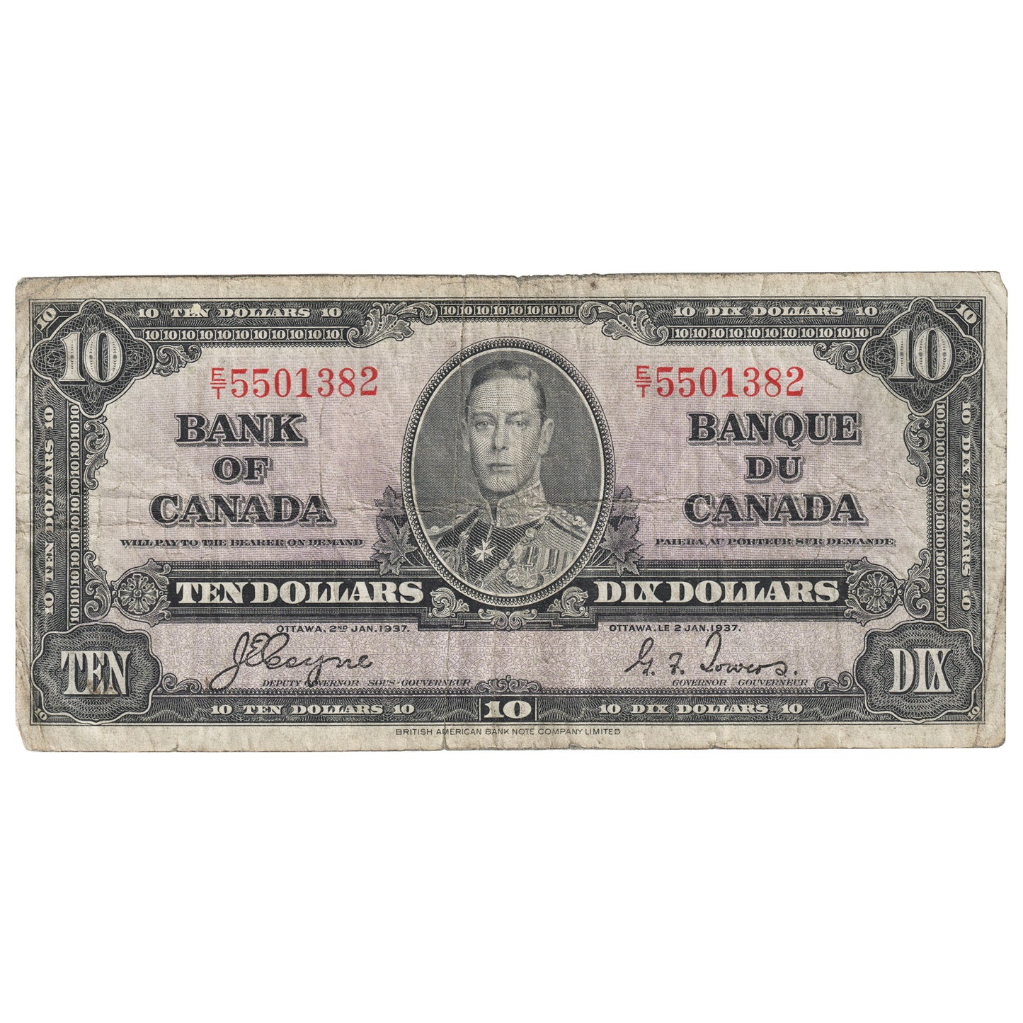 BC-24c 1937 Canada $10 Coyne-Towers, E/T, VG-F