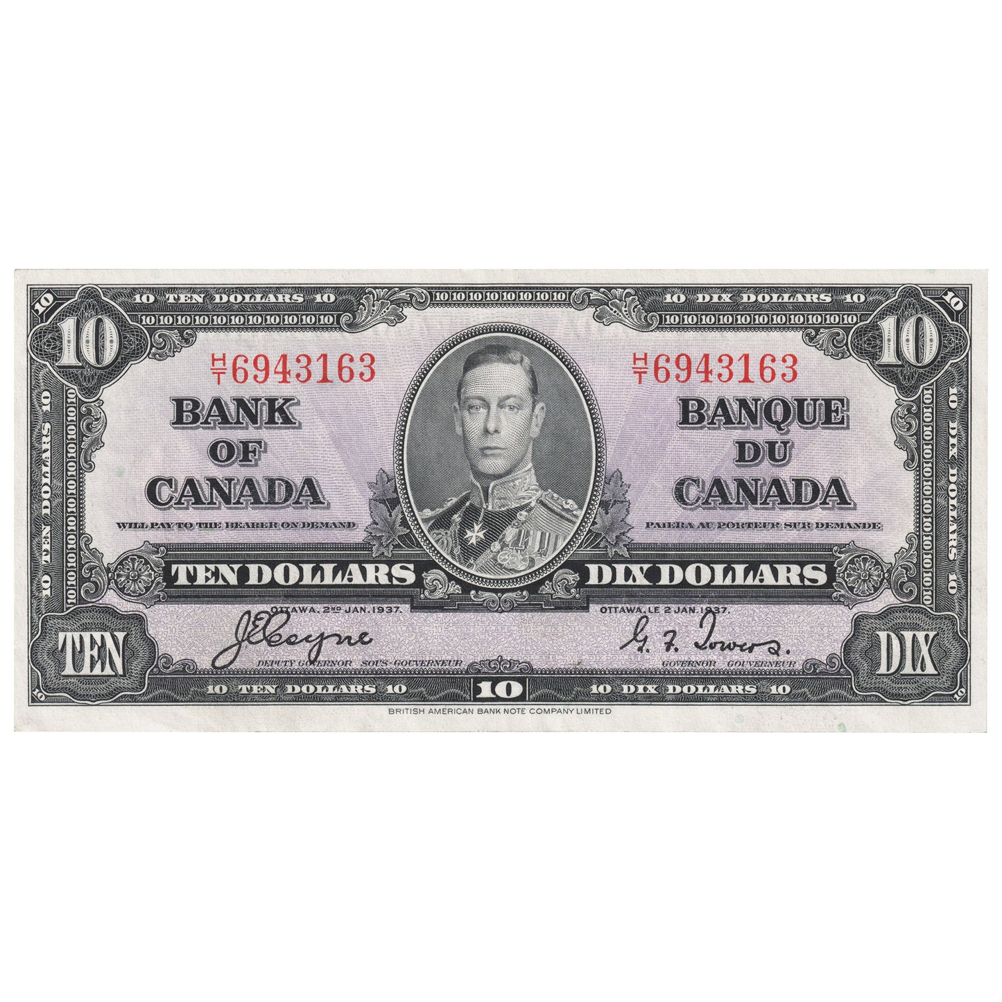 BC-24c 1937 Canada $10 Coyne-Towers, H/T, AU