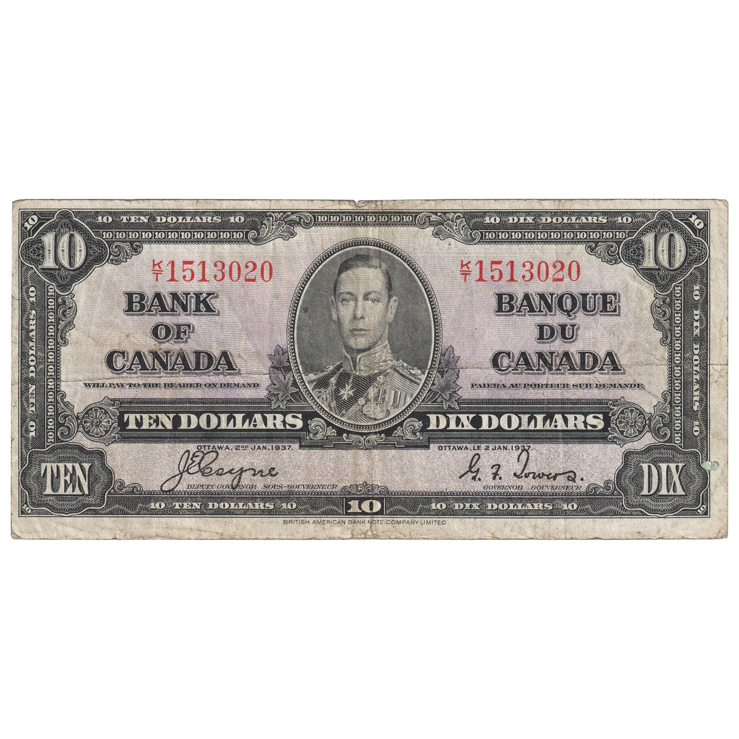 BC-24c 1937 Canada $10 Coyne-Towers, K/T, VG-F