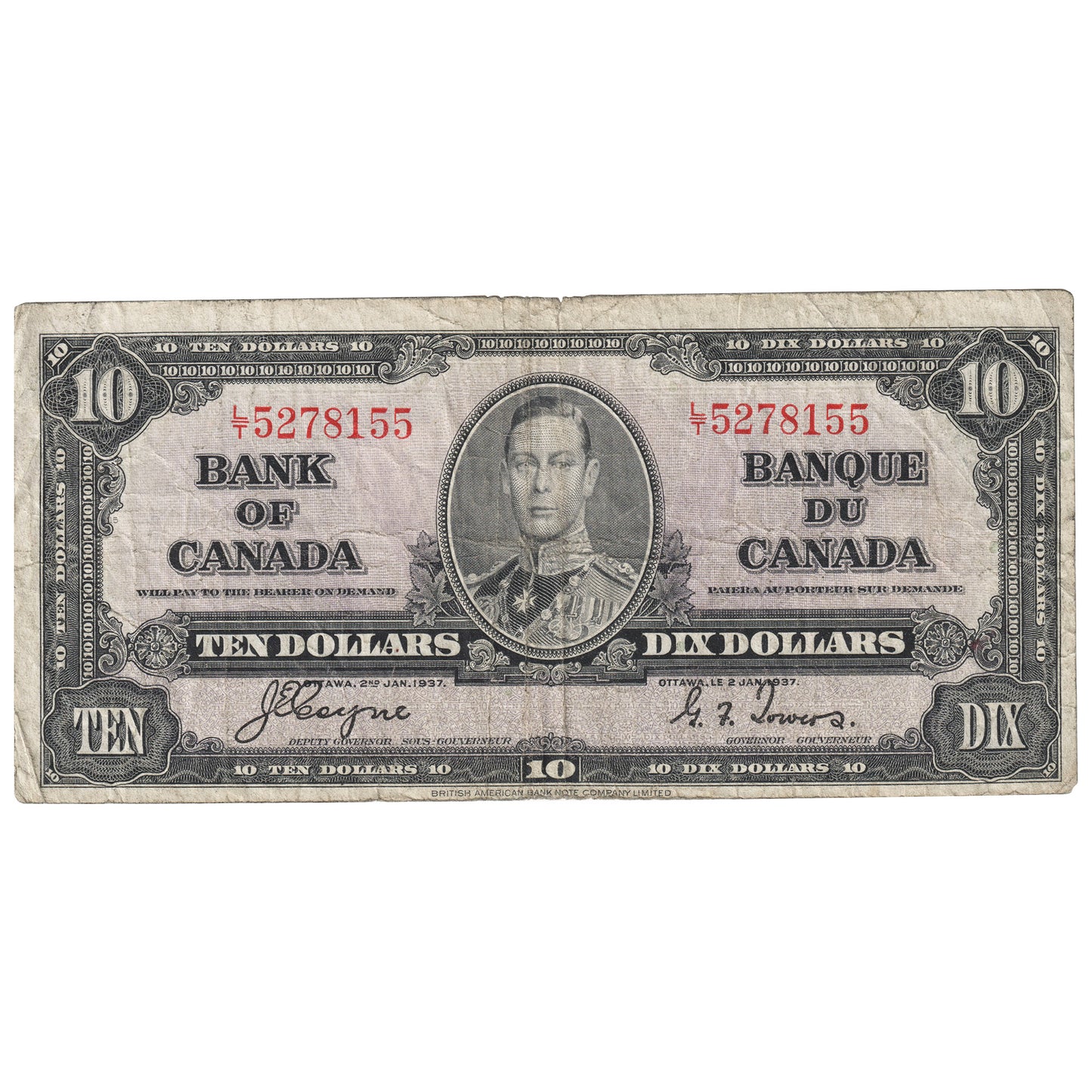 BC-24c 1937 Canada $10 Coyne-Towers, L/T, VG