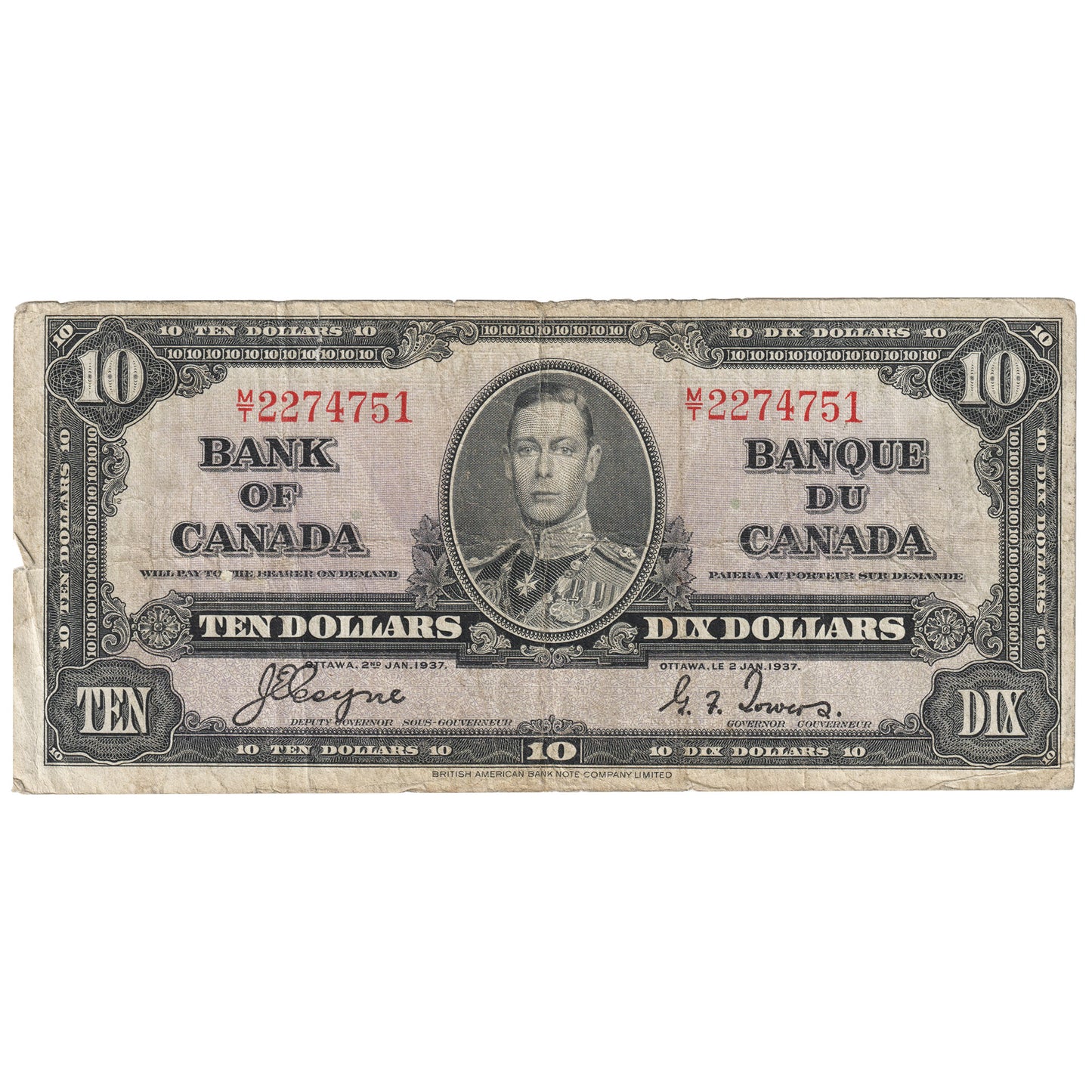 BC-24c 1937 Canada $10 Coyne-Towers, M/T, Circulated