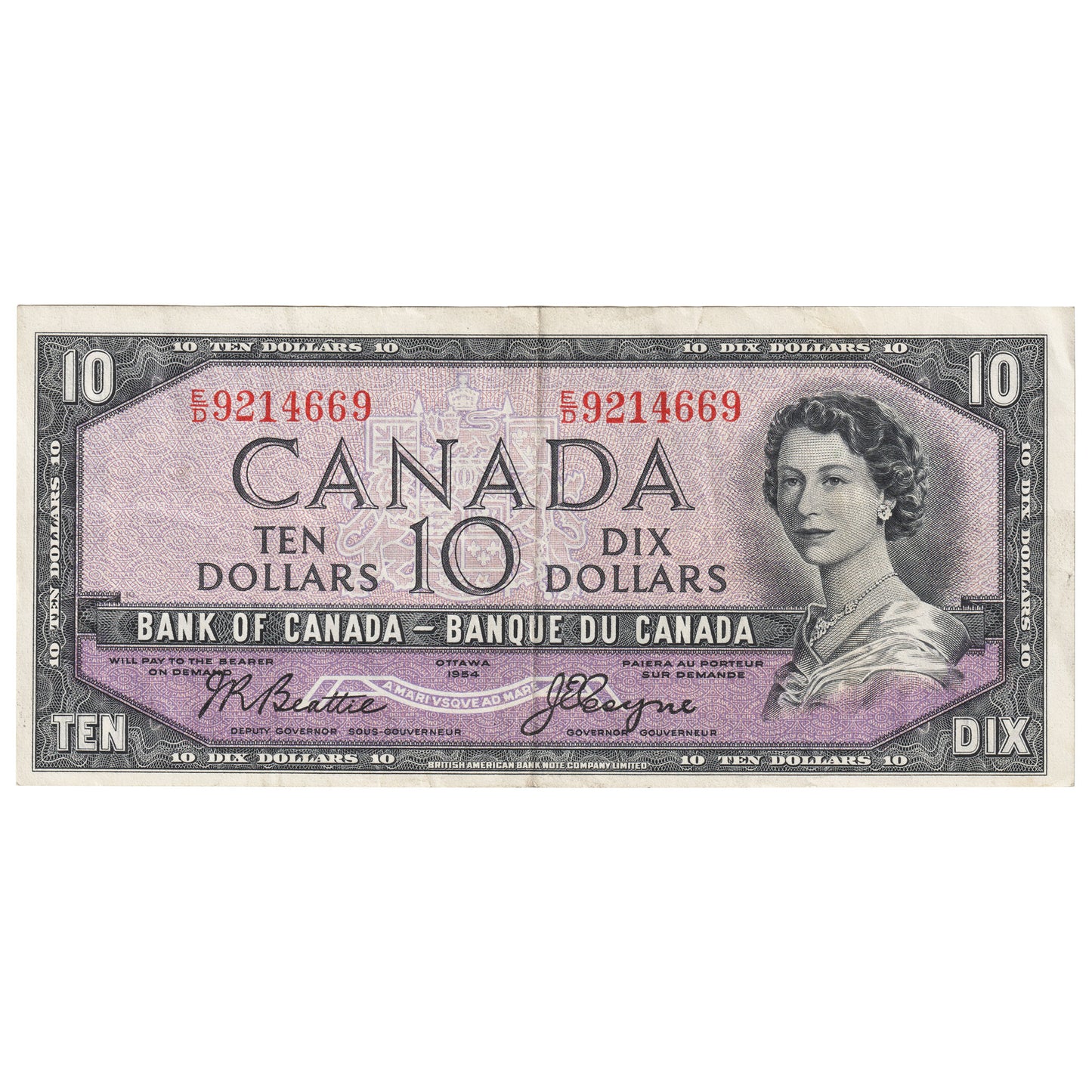 BC-32b 1954 Canada $10 Beattie-Coyne, Devil's Face, E/D, EF