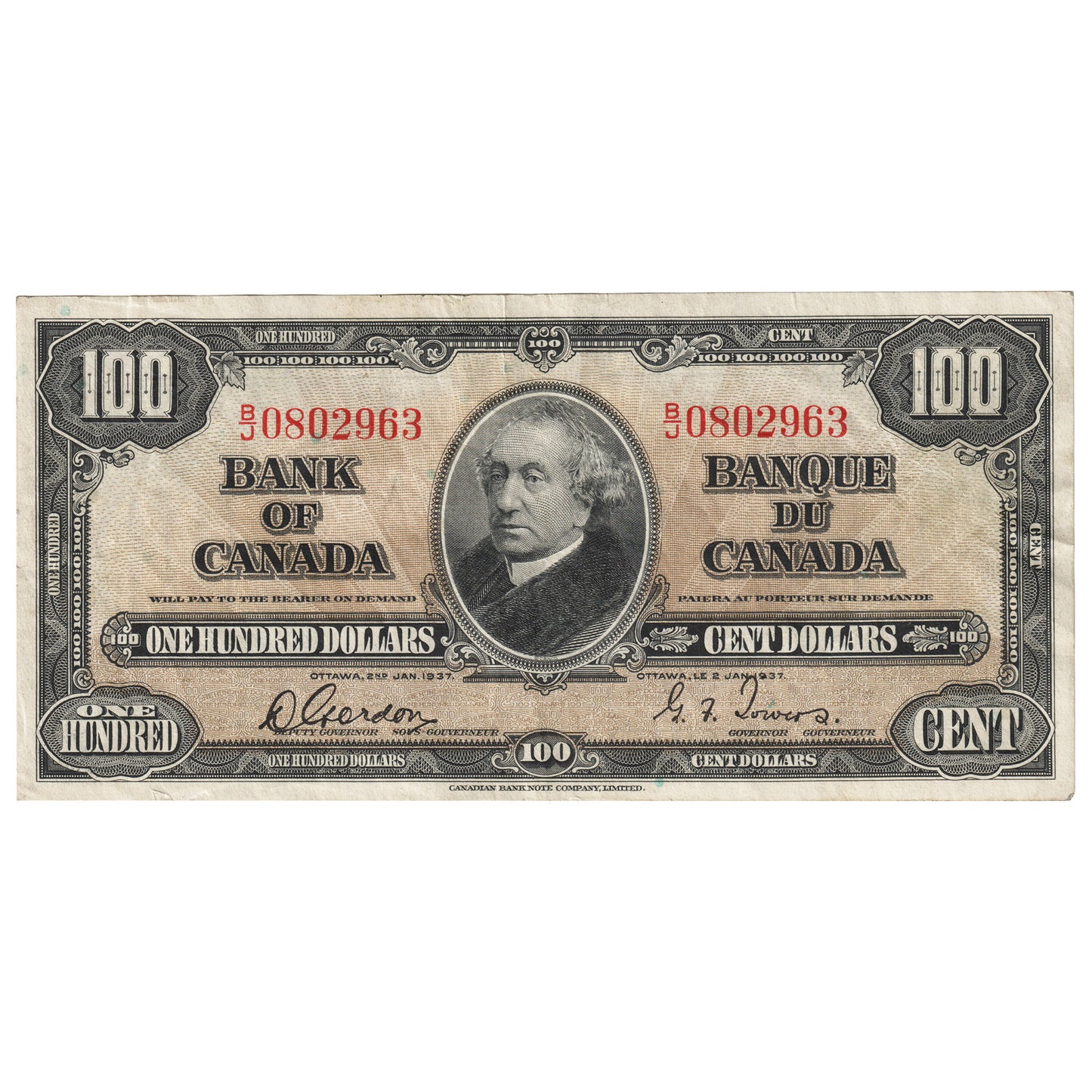 BC-27b 1937 Canada $100 Gordon-Towers, B/J, AU