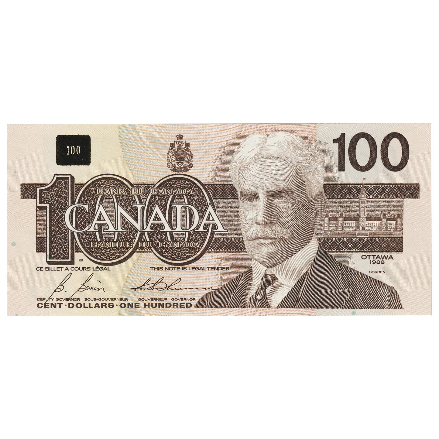 BC-60b 1988 Canada $100 Bonin-Thiessen, BJH, Choice Uncirculated (CUNC63)