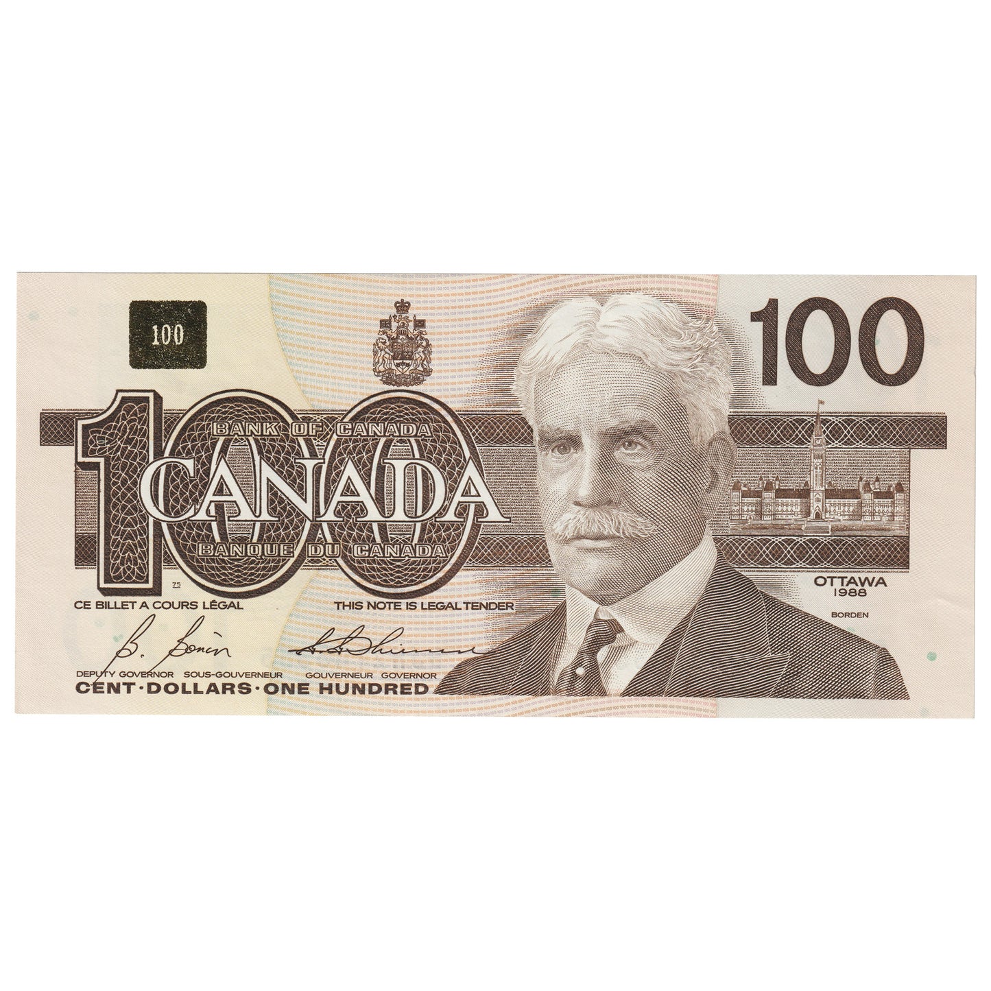 BC-60b 1988 Canada $100 Bonin-Thiessen, BJH, Uncirculated (MS60)
