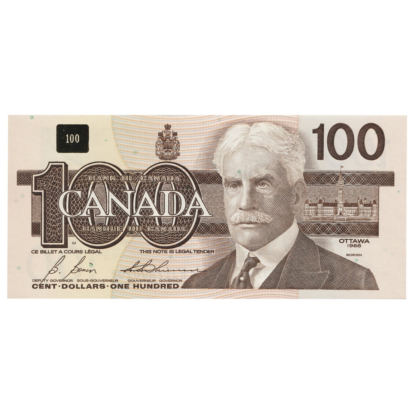 BC-60b 1988 Canada $100 Bonin-Thiessen, BJI, Uncirculated (MS60)