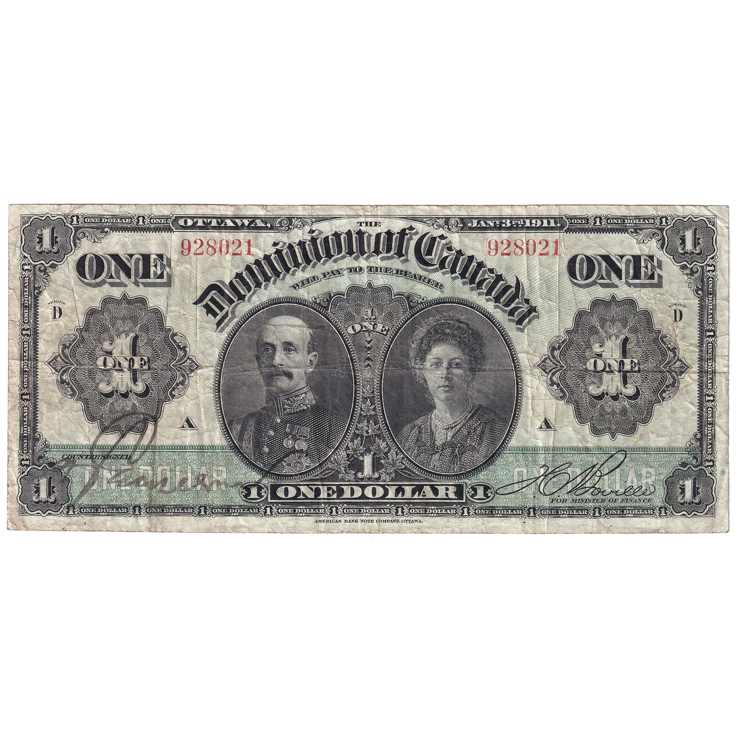 DC-18b 1911 Dominion $1 Various-Boville, Green Line, D, F-VF