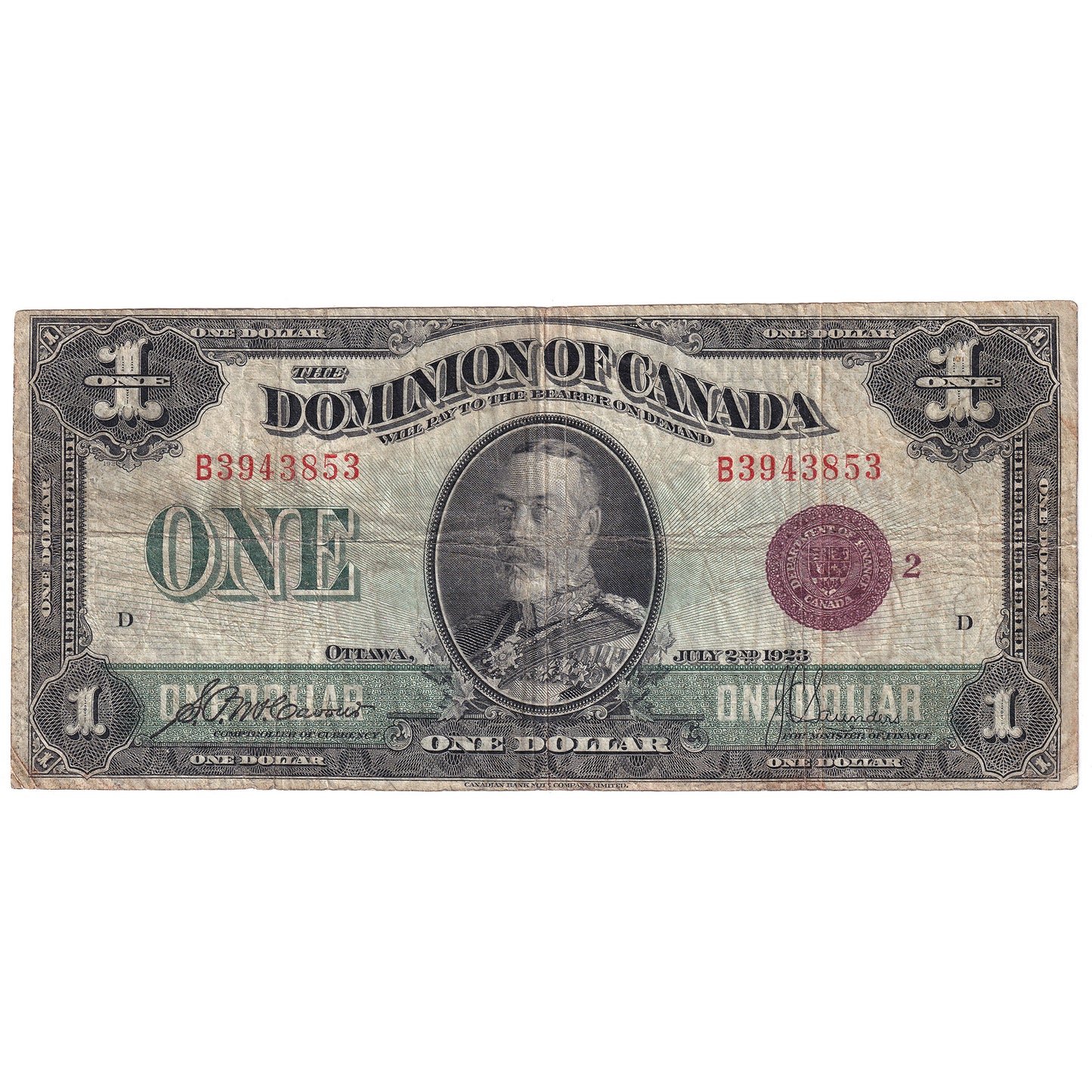 DC-25i 1923 Dominion $1 McCavour-Saunders, Bronze Seal, Group 2, VG-F