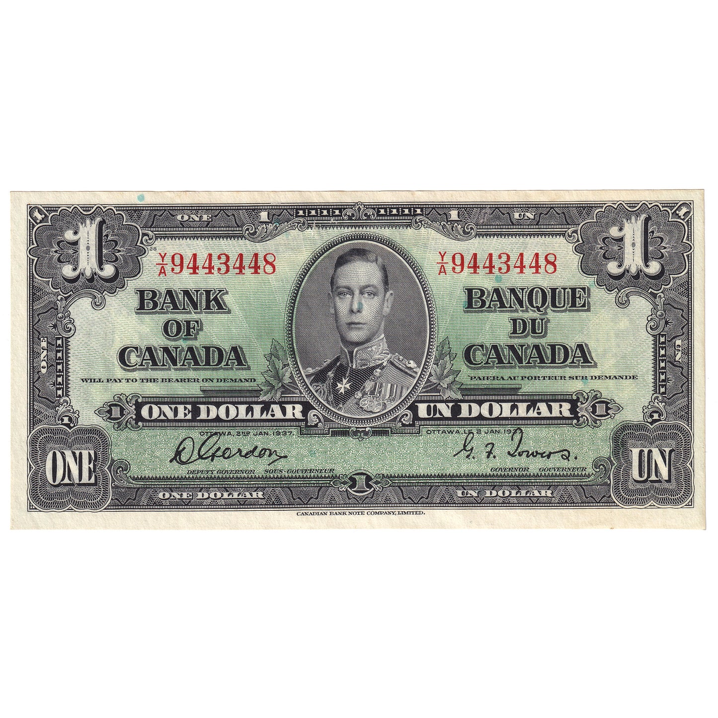 BC-21c 1937 Canada $1 Gordon-Towers, Y/A, AU-UNC