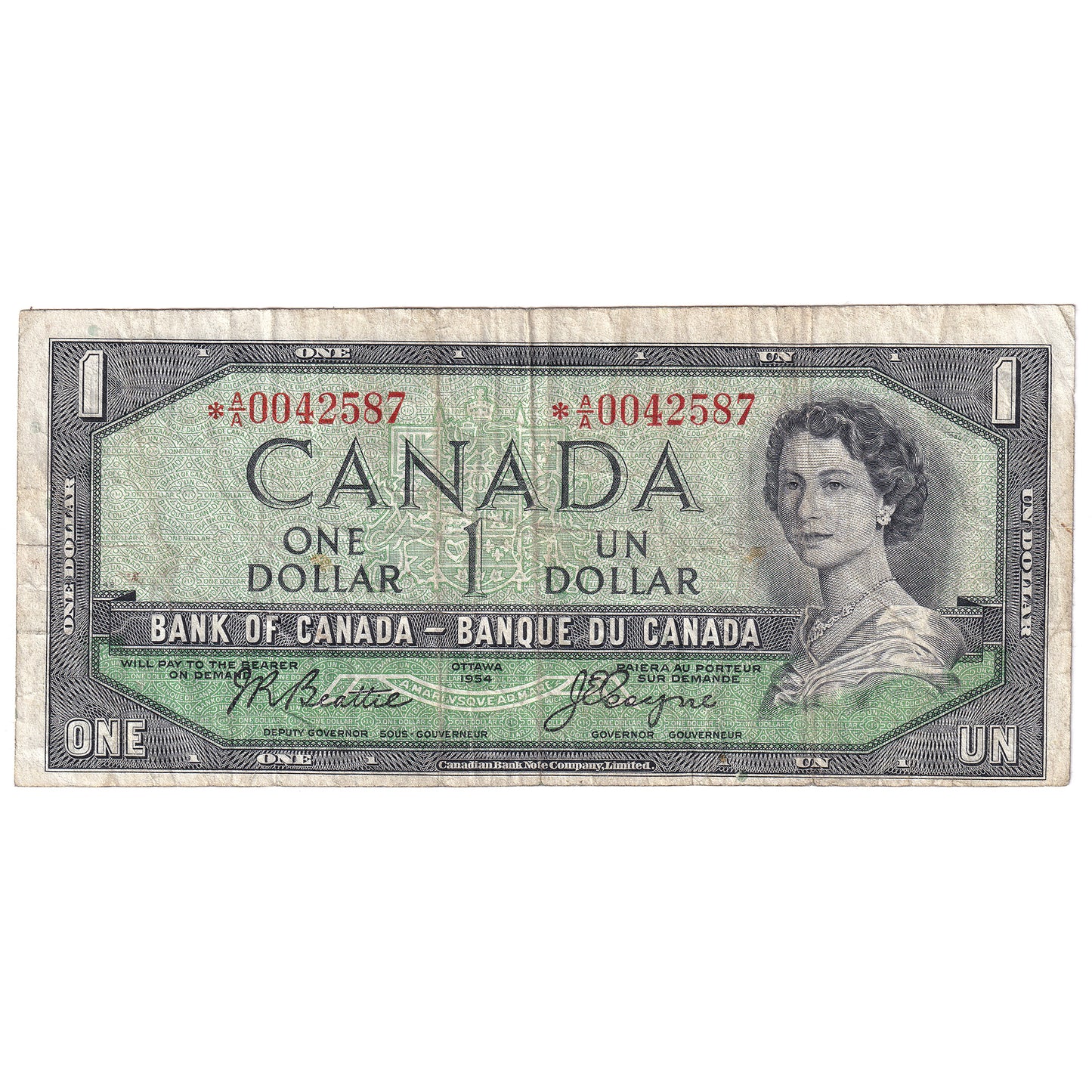 BC-37aA 1954 Canada $1 Beattie-Coyne, *A/A, F-VF