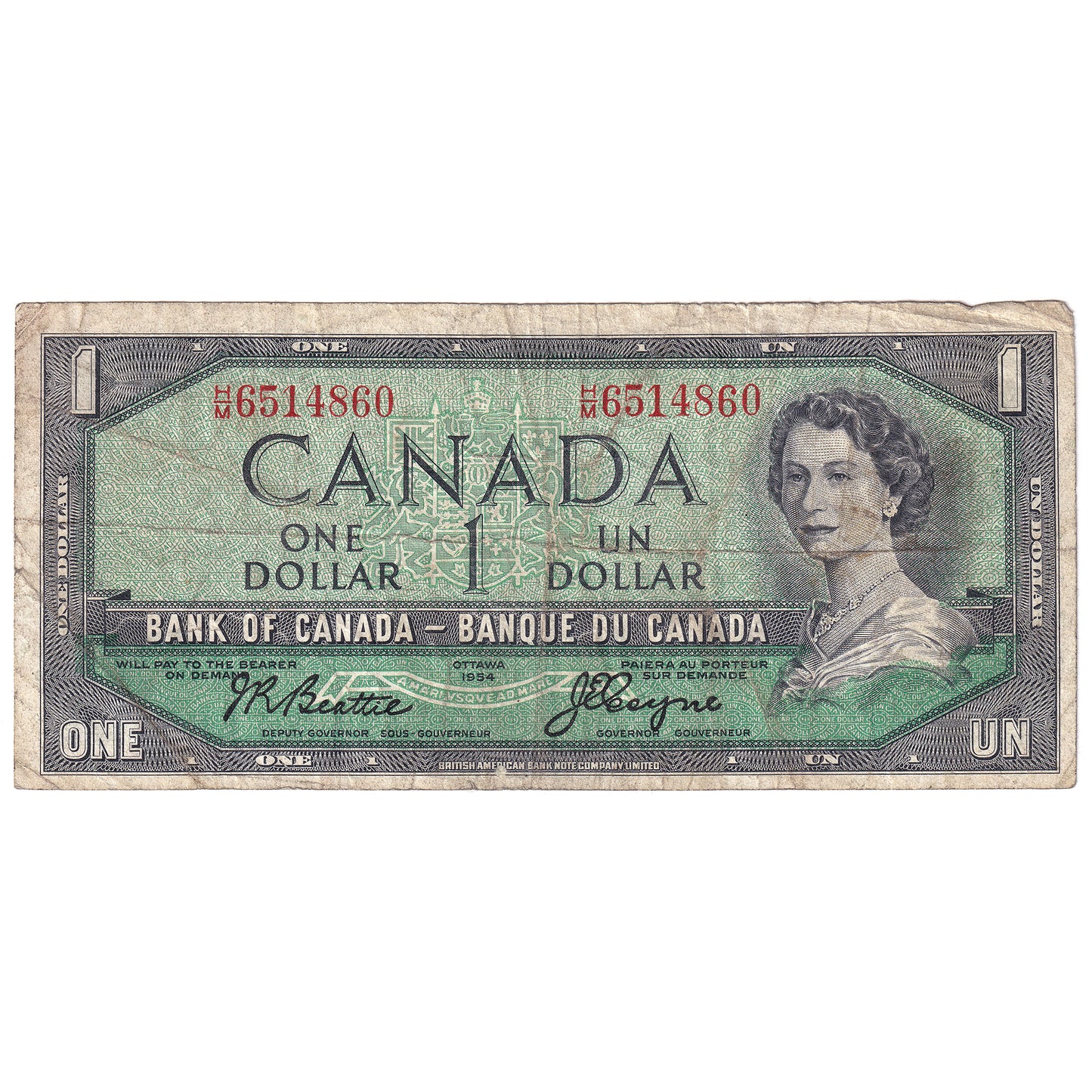 BC-37a-i 1954 Canada $1 Beattie-Coyne, H/M, F