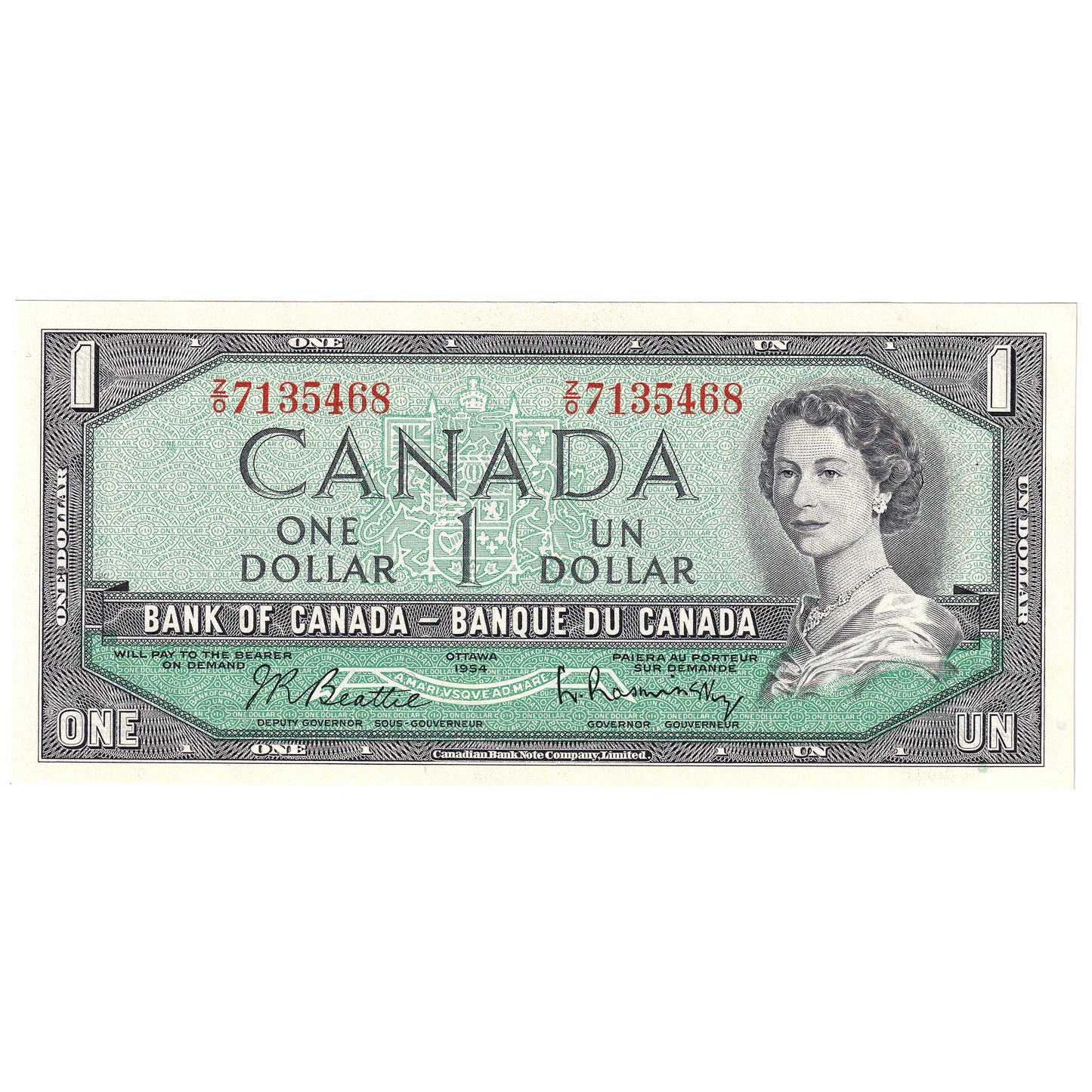 BC-37b 1954 Canada $1 Beattie-Rasminsky, Z/O, AU-UNC