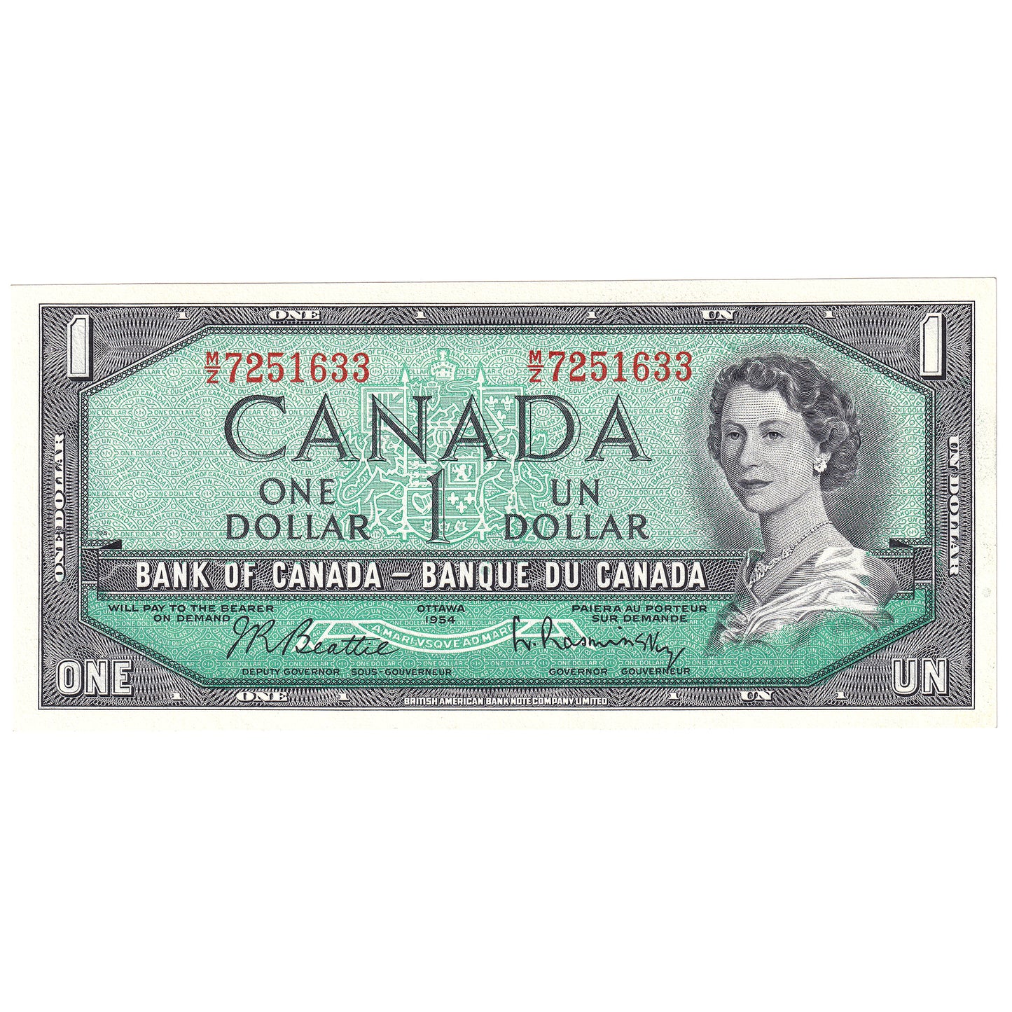 BC-37b-i 1954 Canada $1 Beattie-Rasminsky, M/Z, CUNC