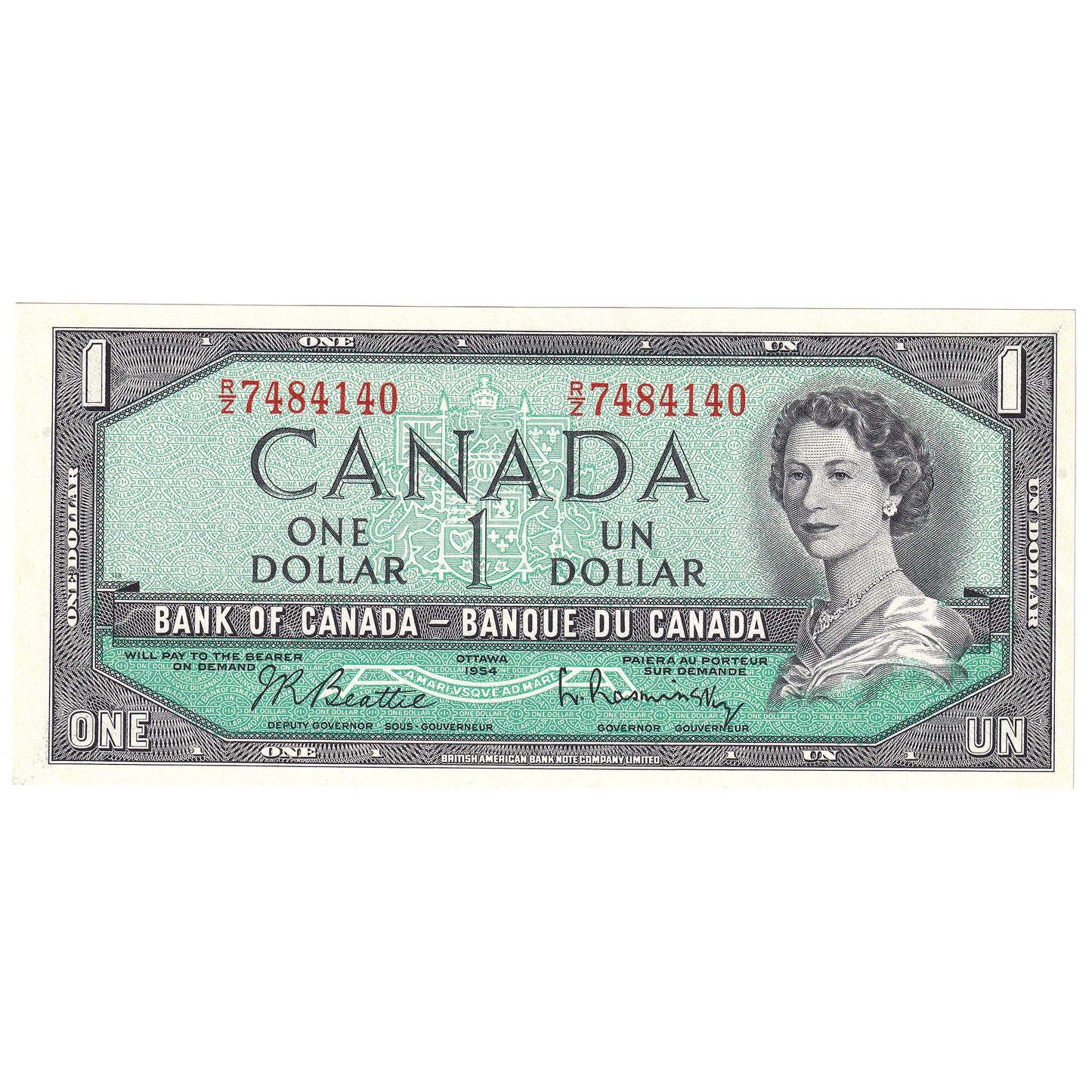 BC-37b-i 1954 Canada $1 Beattie-Rasminsky, R/Z, CUNC