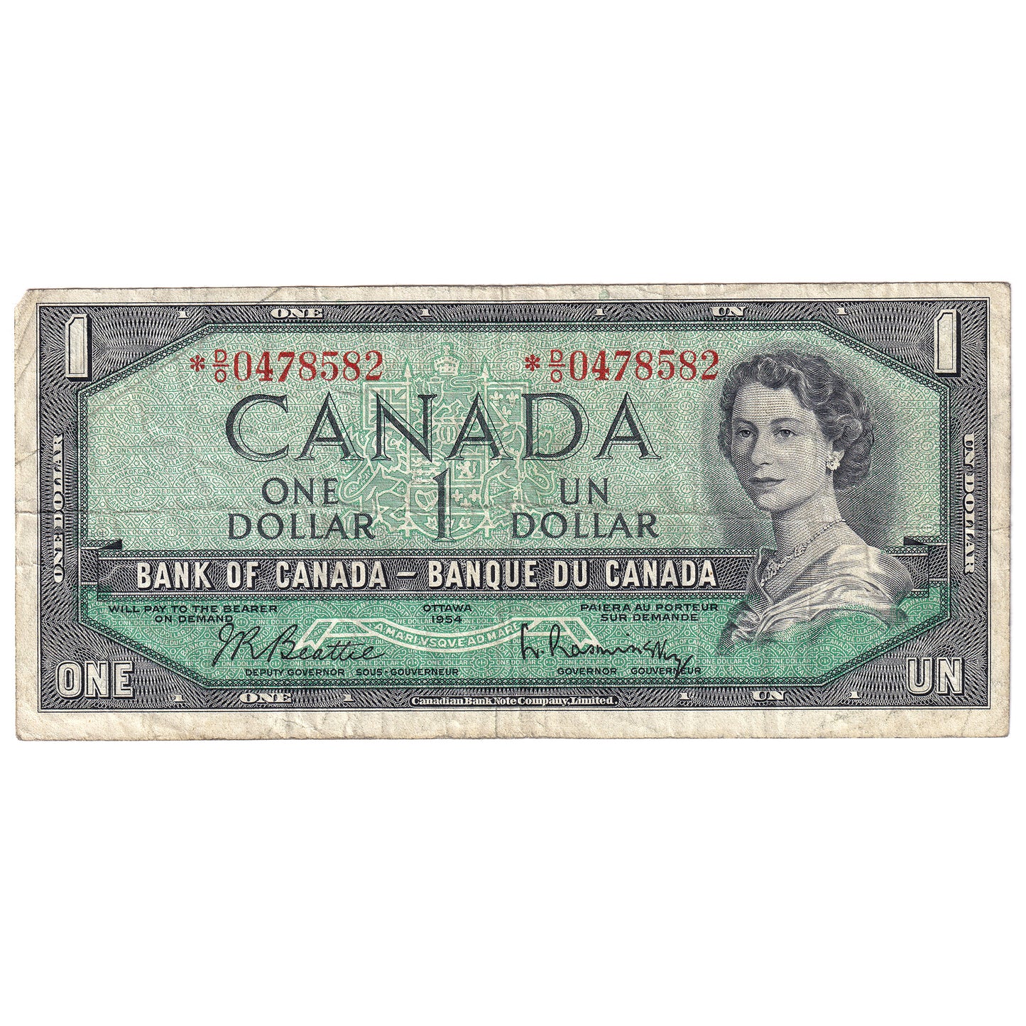BC-37bA 1954 Canada $1 Beattie-Rasminsky, *D/O, F-VF