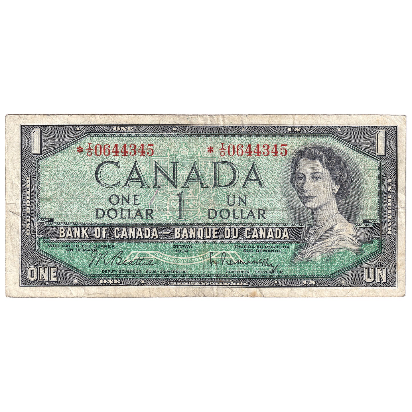 BC-37bA 1954 Canada $1 Beattie-Rasminsky, *I/O, F-VF