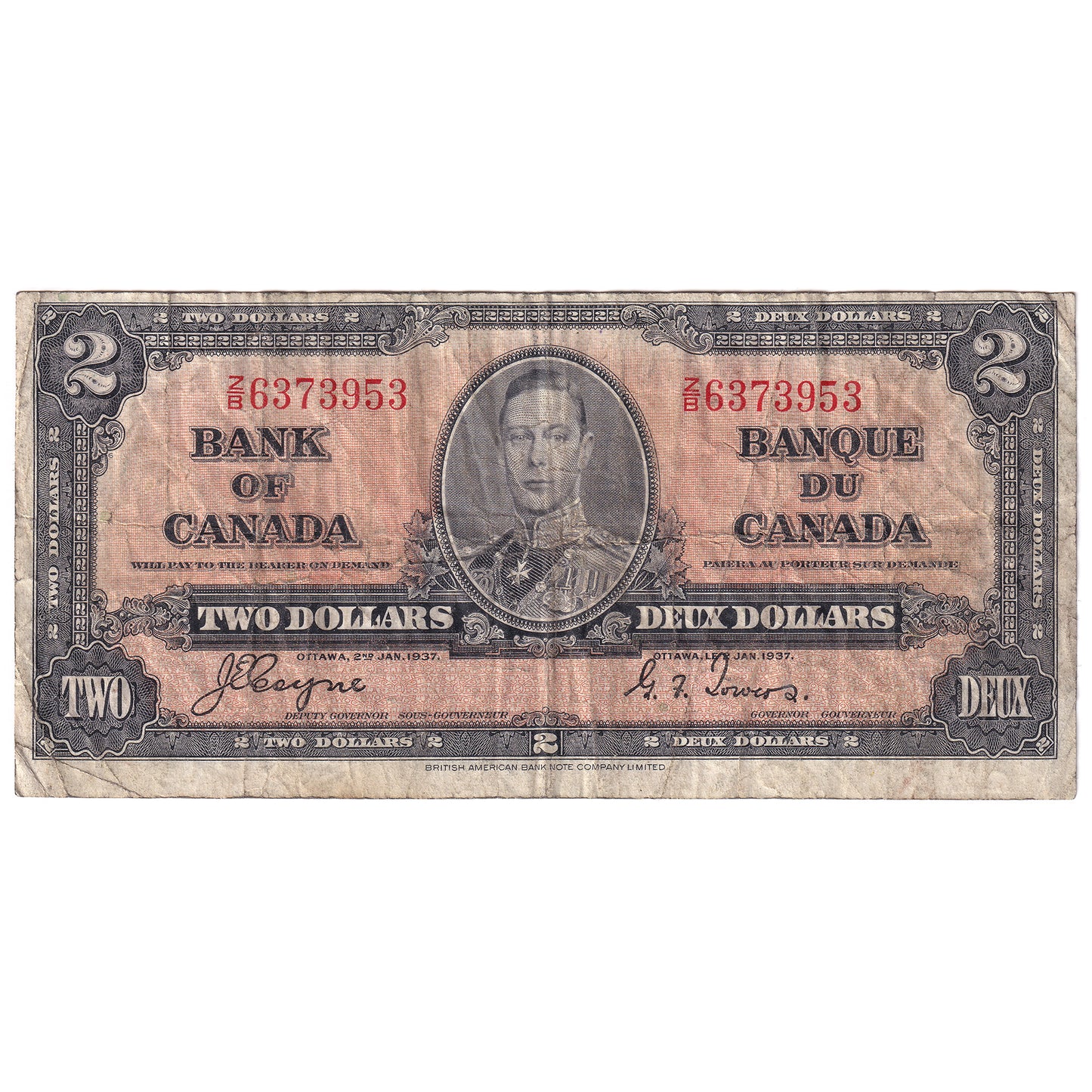 BC-22c 1937 Canada $2 Coyne-Towers, Z/B, F-VF