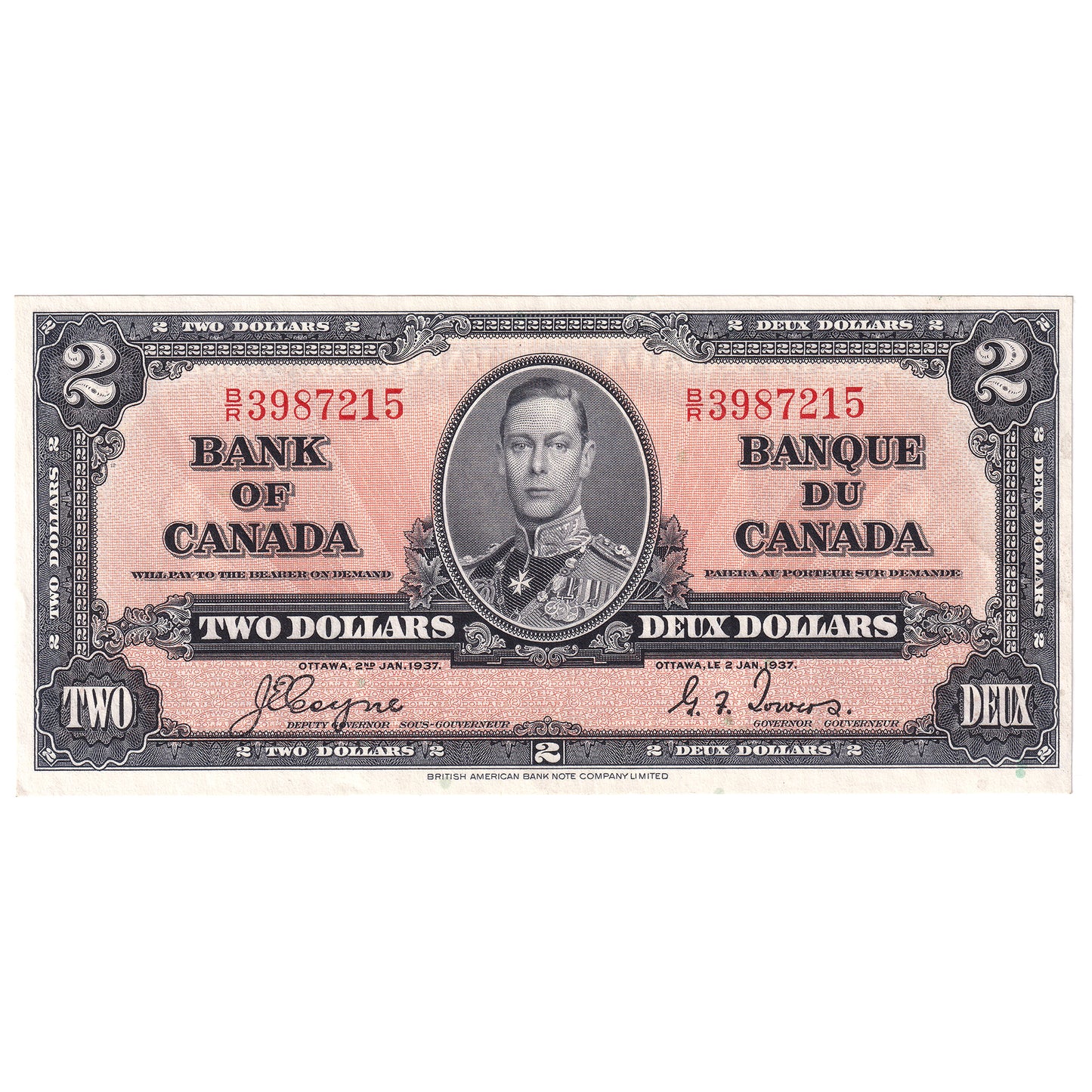 BC-22c 1937 Canada $2 Coyne-Towers, B/R, AU-UNC