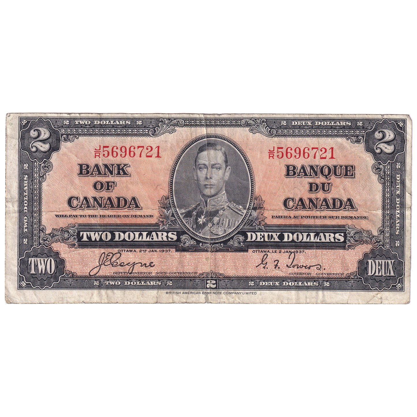 BC-22c 1937 Canada $2 Coyne-Towers, J/R, F