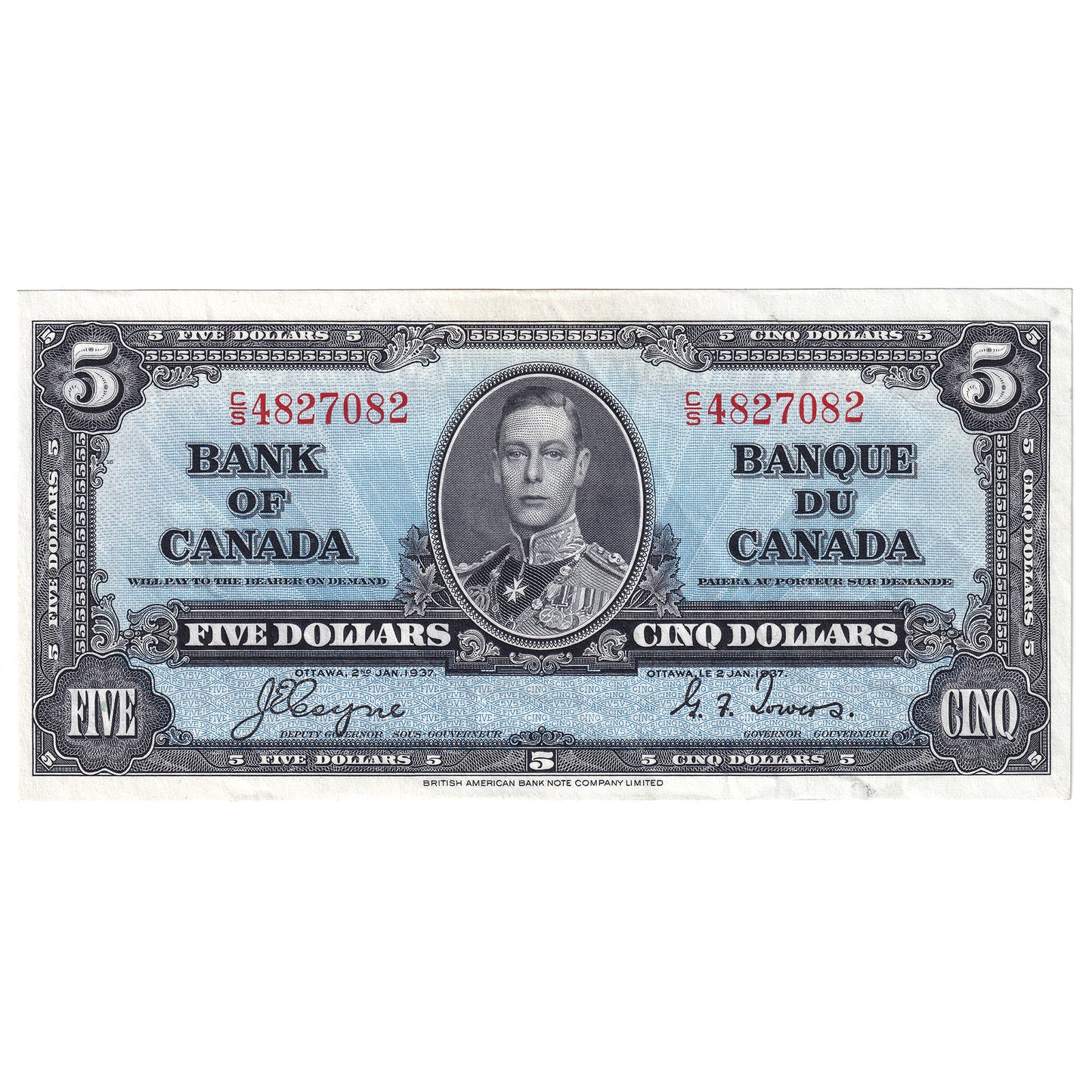 BC-23c 1937 Canada $5 Coyne-Towers, C/S, EF