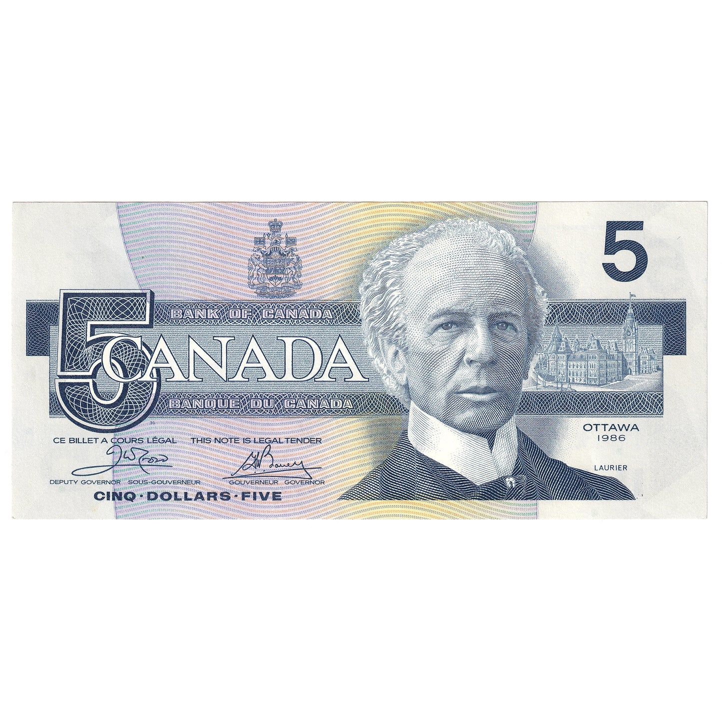 BC-56a 1986 Canada $5 Crow-Bouey, EOC, Almost Uncirculated (AU50)