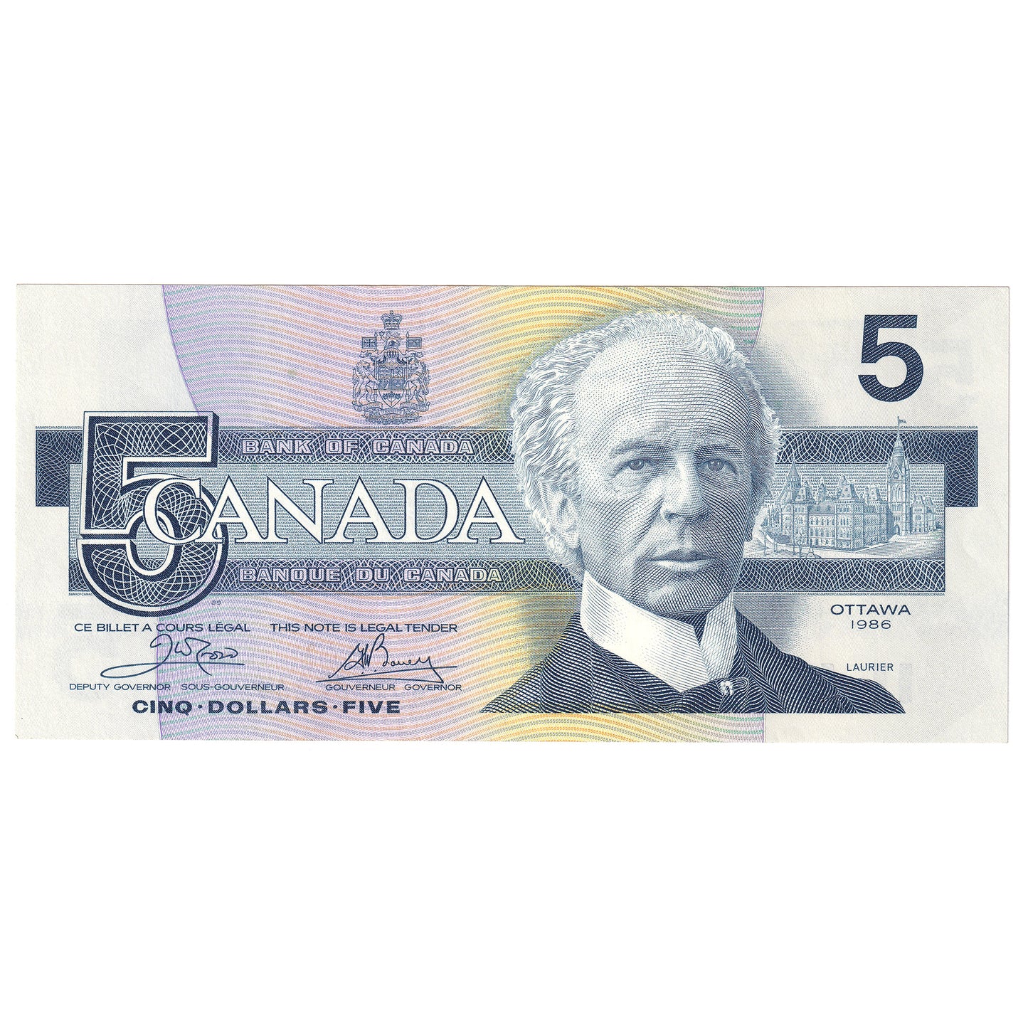 BC-56a 1986 Canada $5 Crow-Bouey, EOD, Almost Uncirculated (AU50)