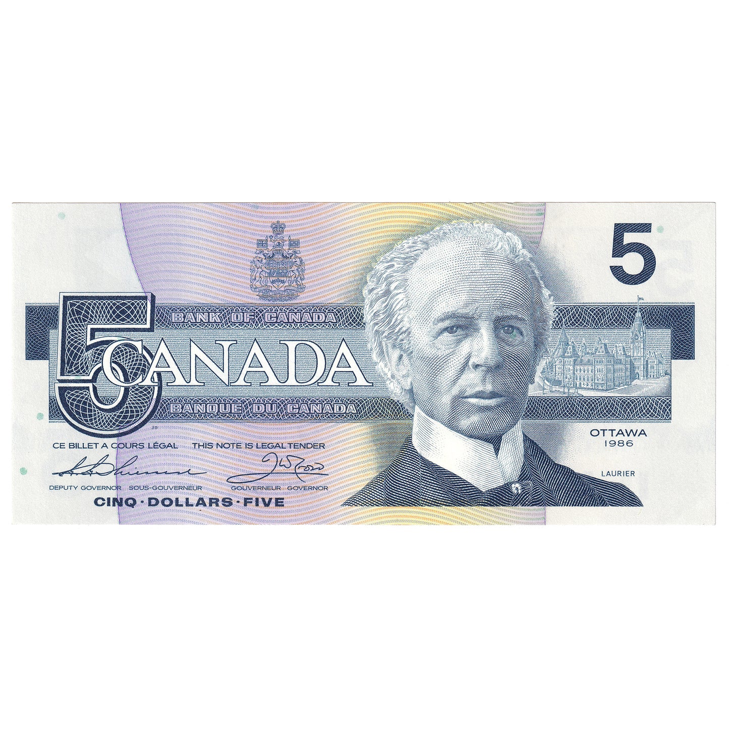 BC-56b 1986 Canada $5 Thiessen-Crow, GNU, AU-UNC