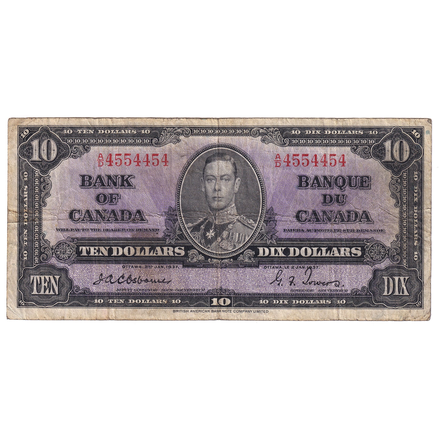 BC-24a 1937 Canada $10 Osborne-Towers, A/D, VG-F