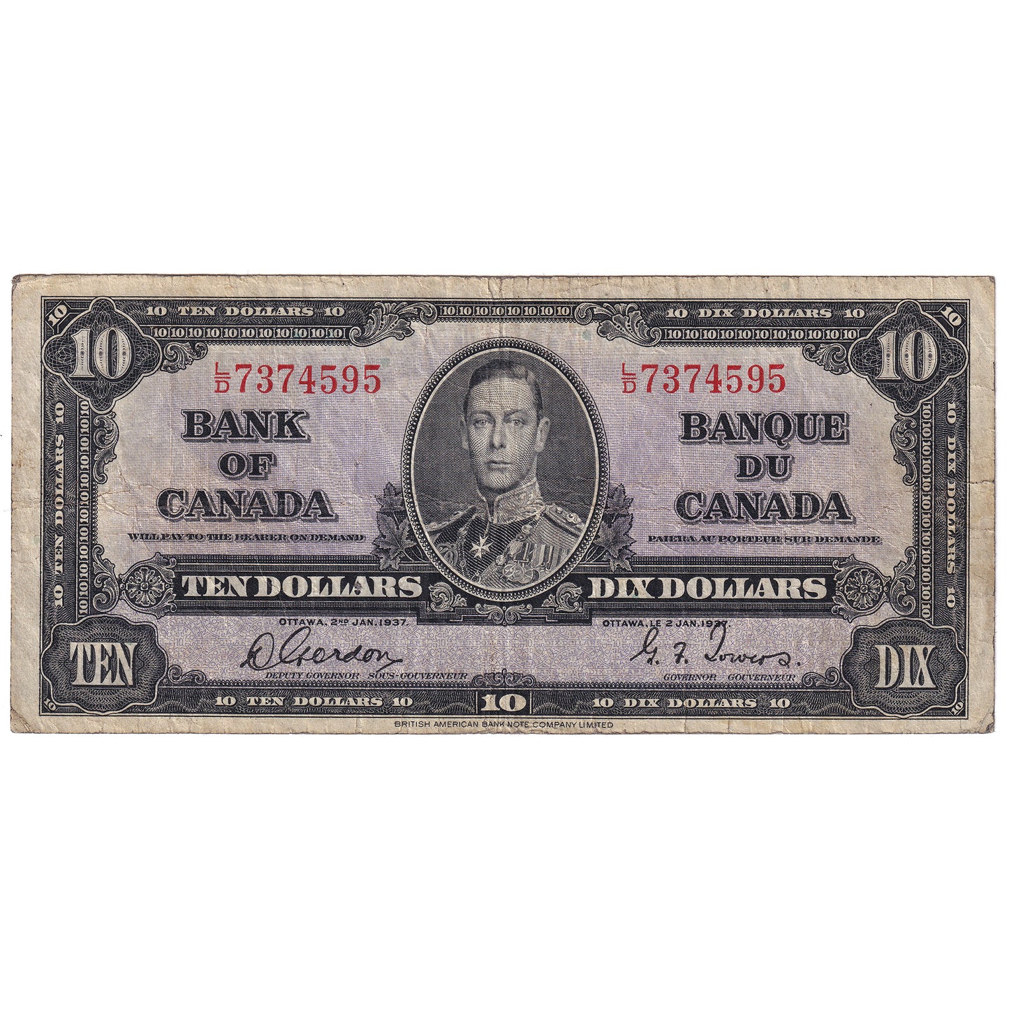 BC-24b 1937 Canada $10 Gordon-Towers, L/D, VG-F