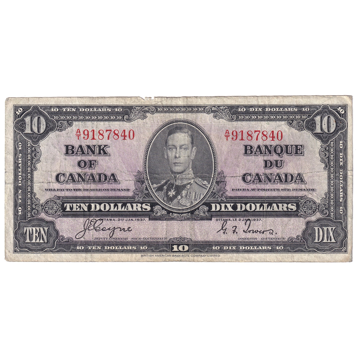 BC-24c 1937 Canada $10 Coyne-Towers, A/T, VG-F