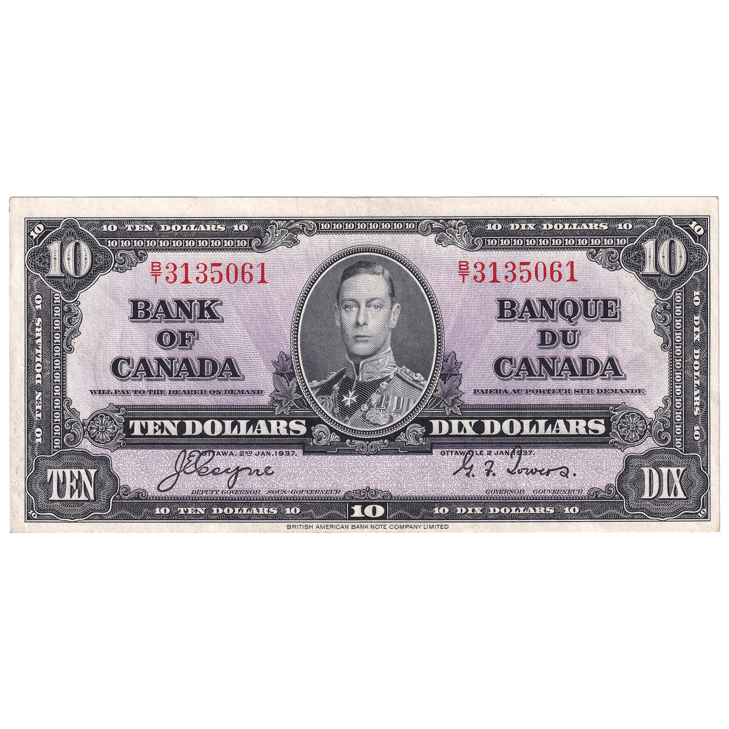 BC-24c 1937 Canada $10 Coyne-Towers, B/T, AU